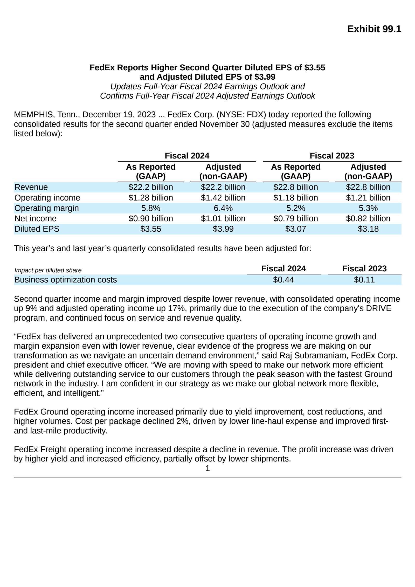 FedEx's Q2 2024 Press Release