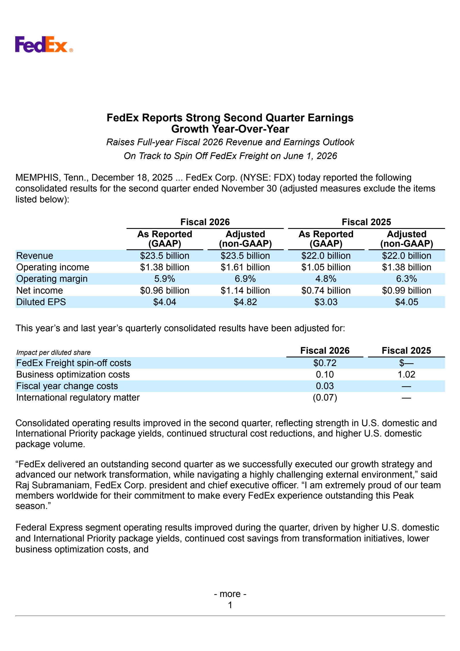 FedEx's Q2 2026 Earnings Release