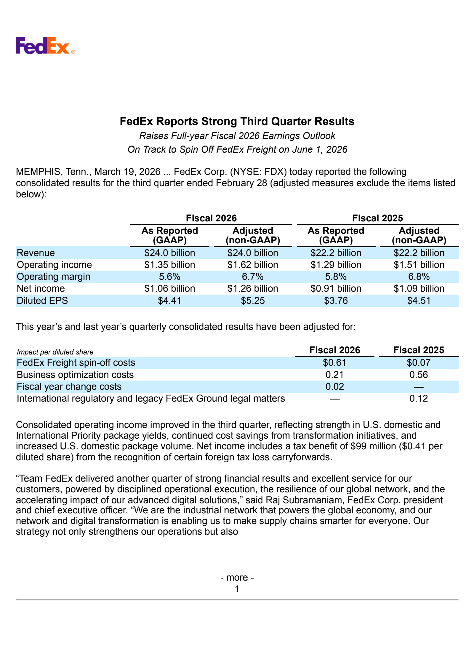 FedEx's Q3 2026 Press Release