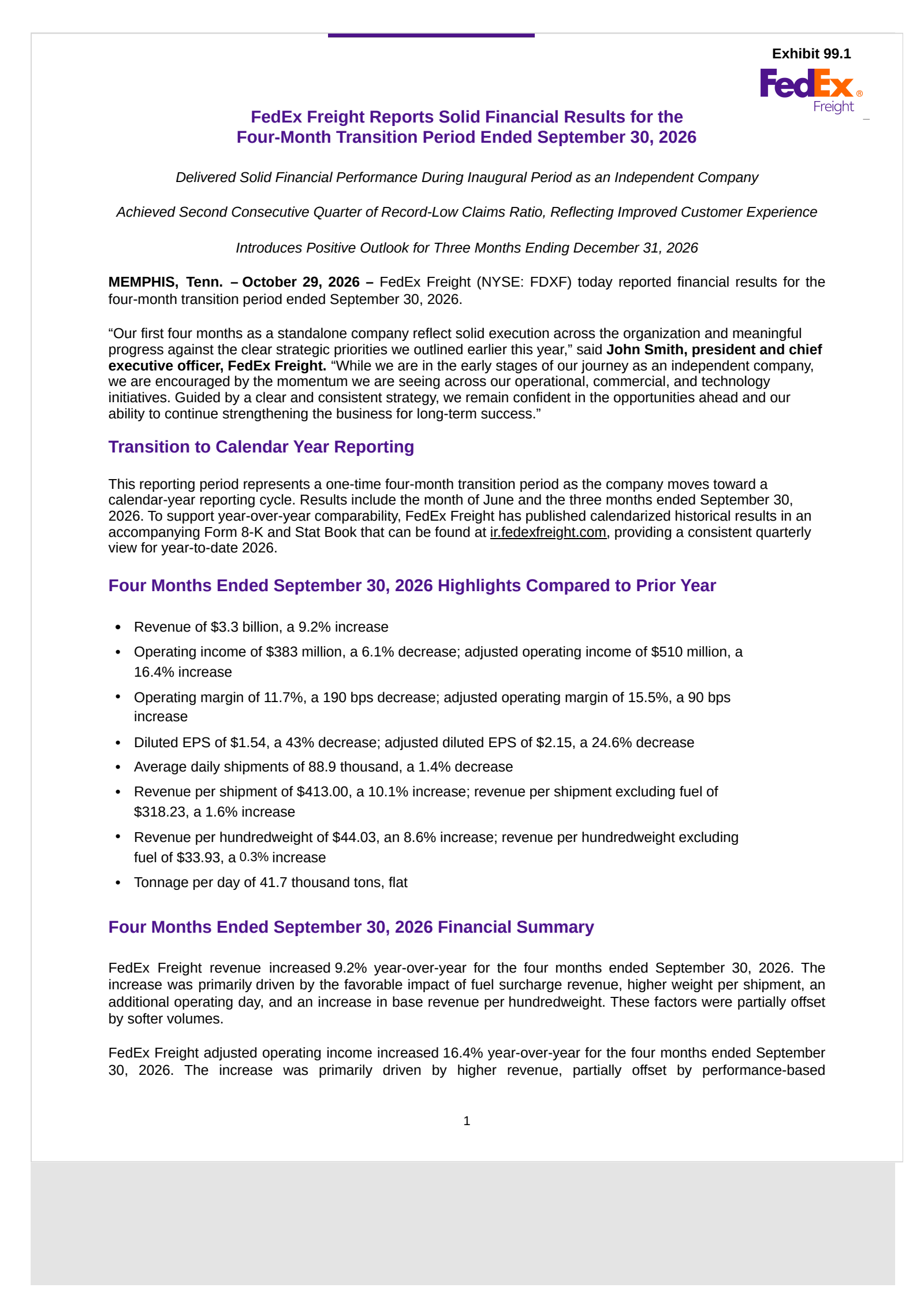 FedEx Freight's Q1 2027 Press Release