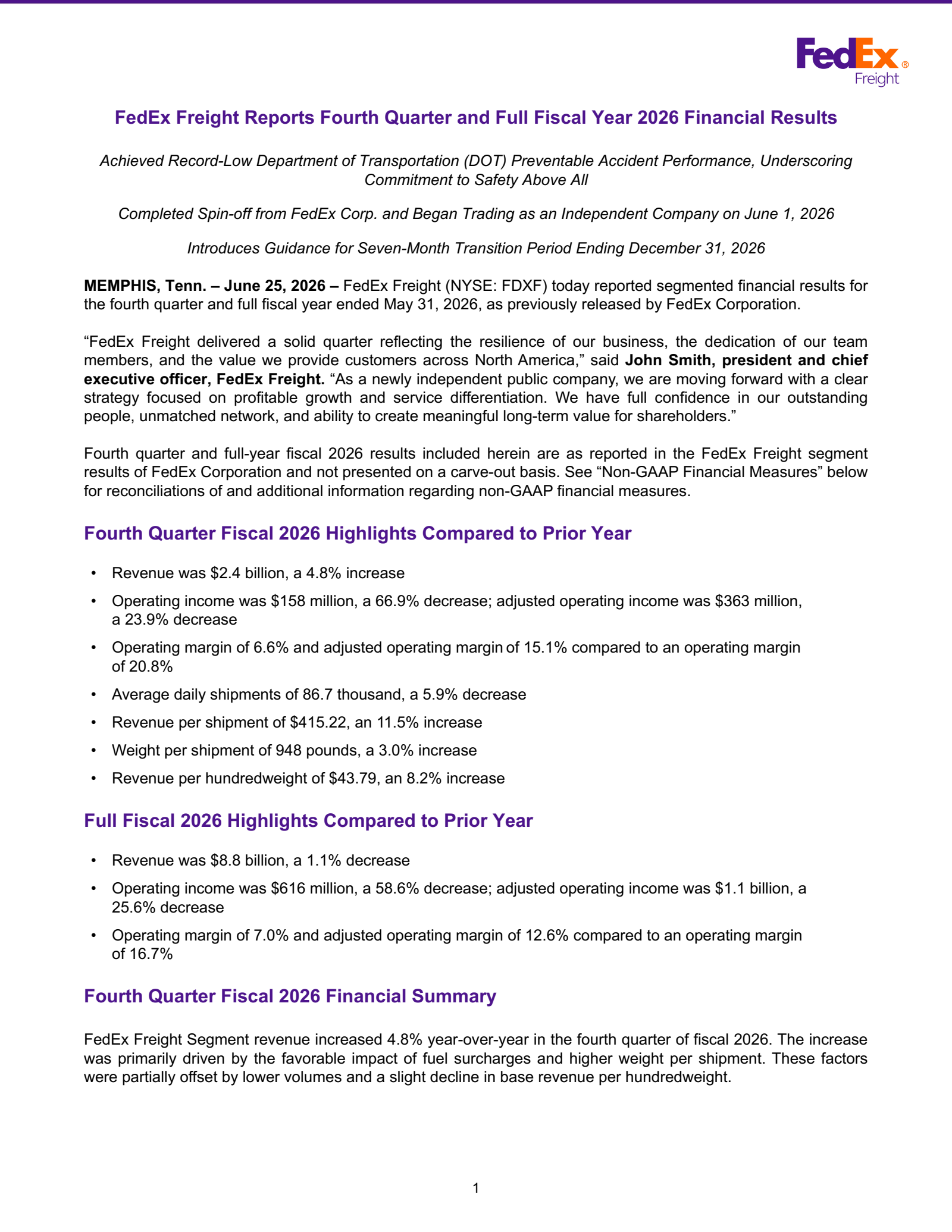 FedEx Freight's Q4 2026 Press Release