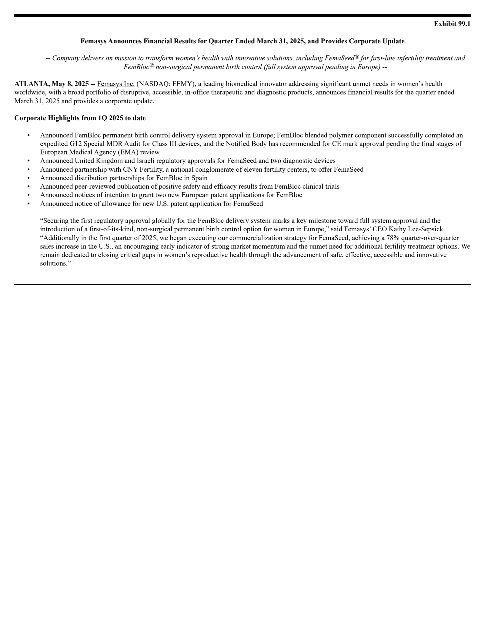 Femasys' Q1 2025 Press Release