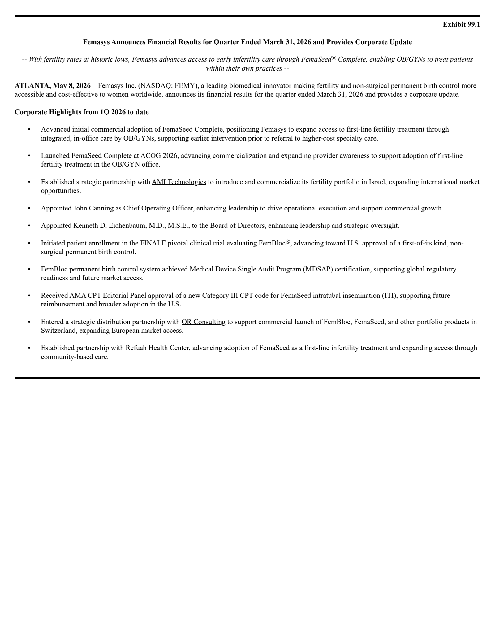 Femasys' Q1 2026 Press Release