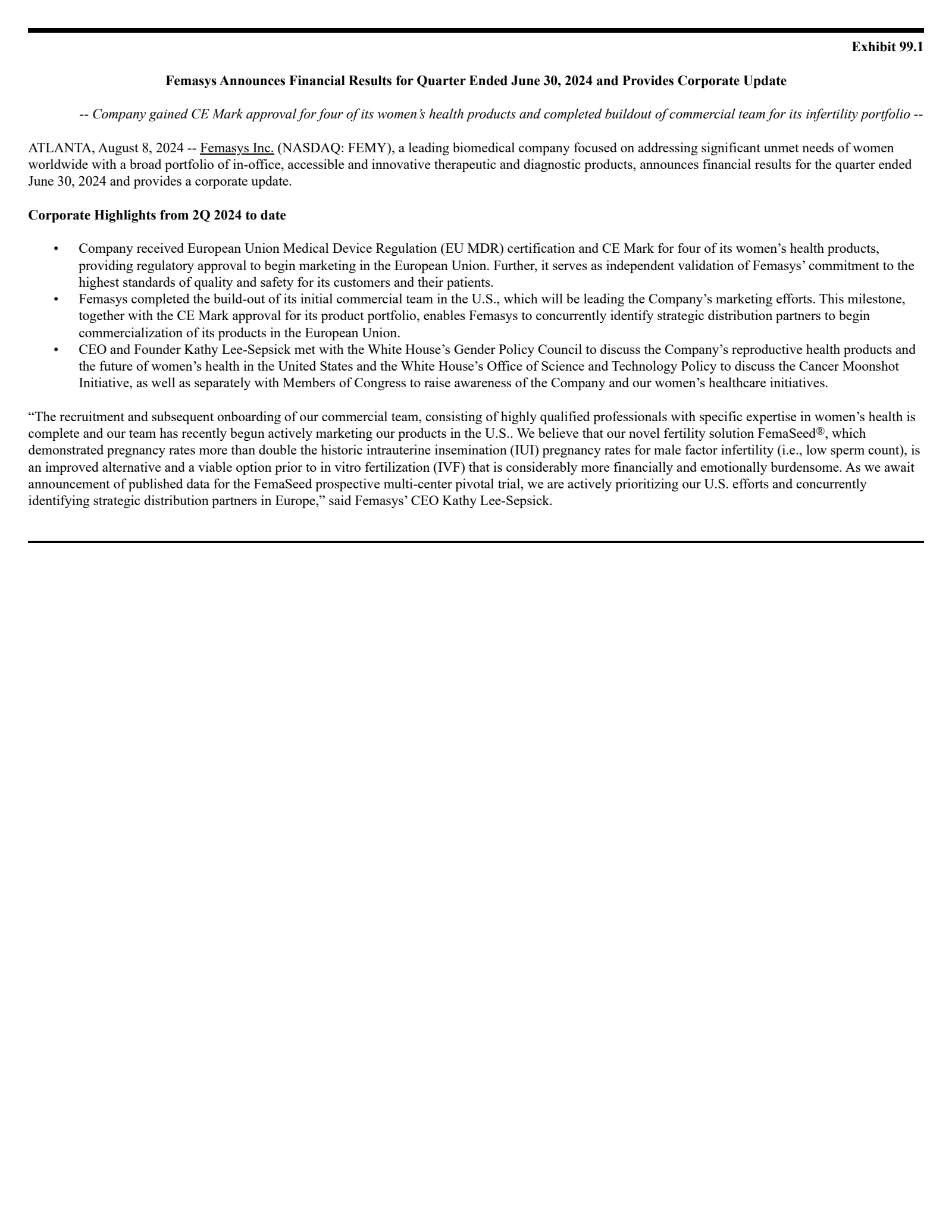 Femasys' Q2 2024 Press Release