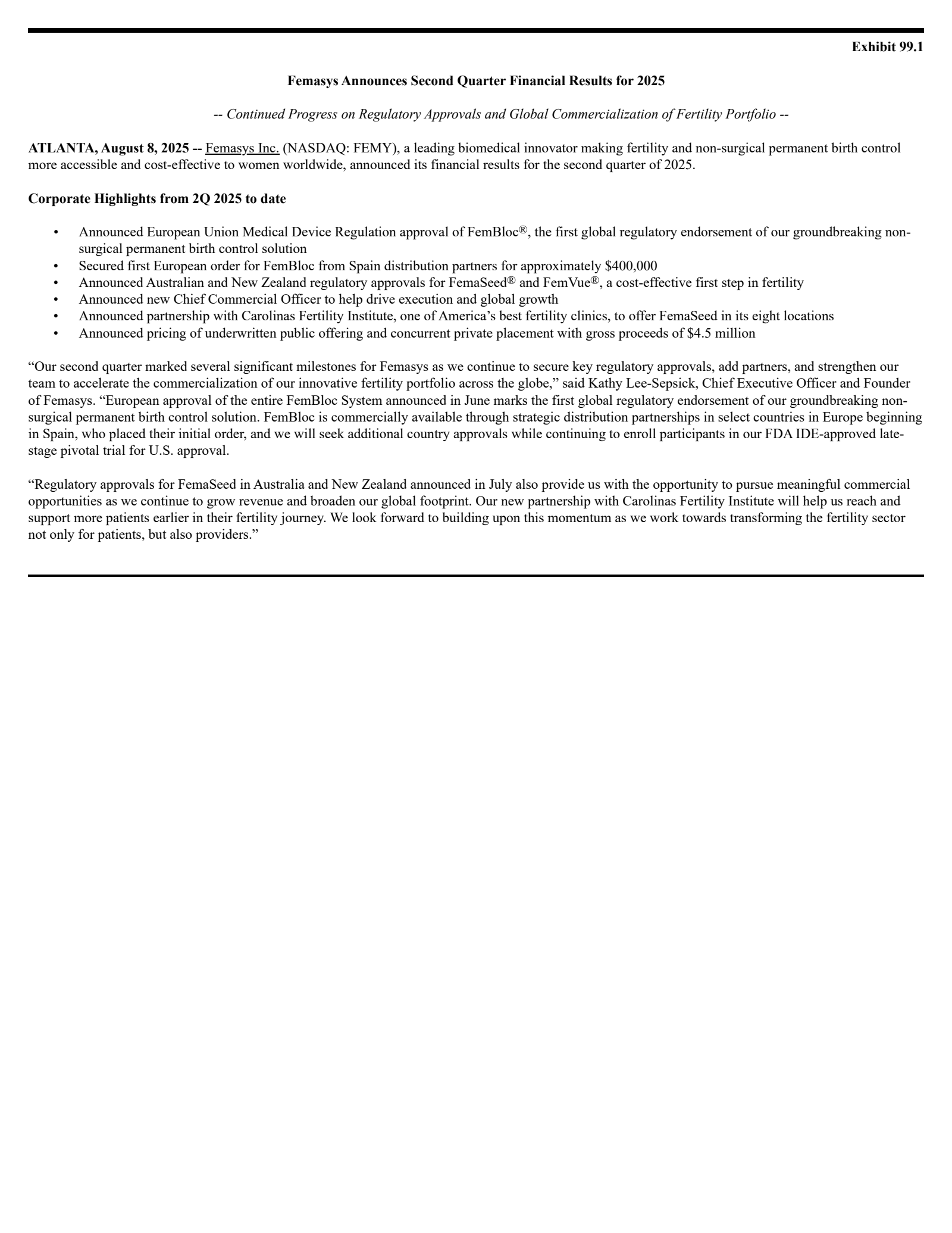 Femasys' Q2 2025 Press Release