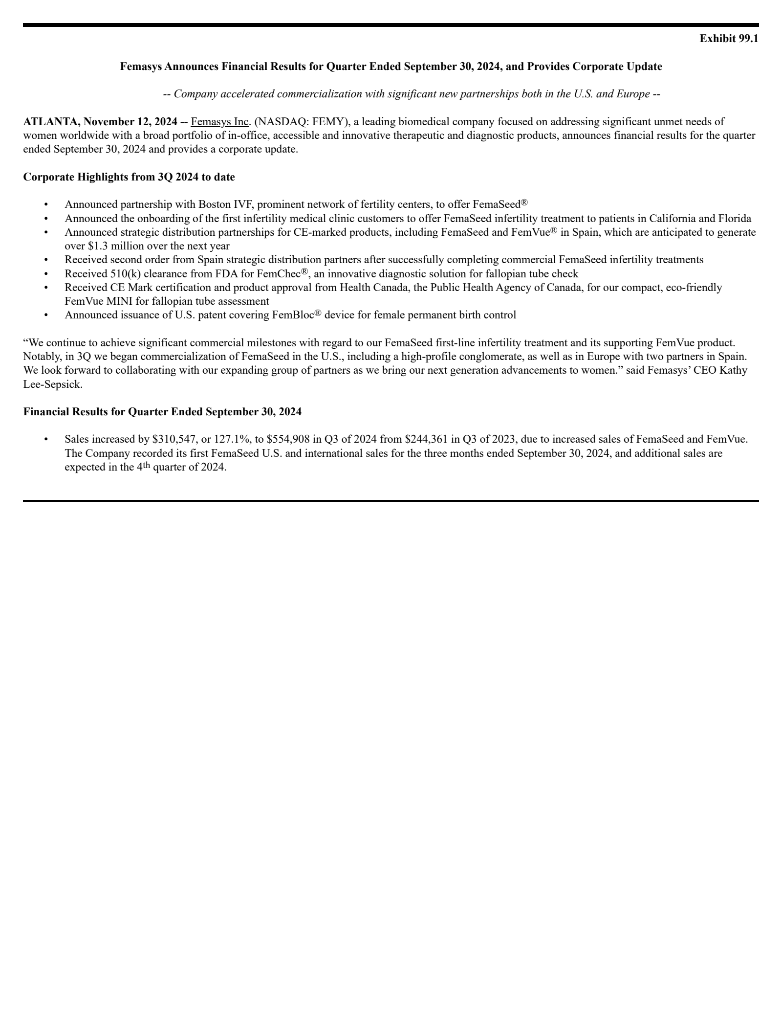 Femasys' Q3 2024 Press Release