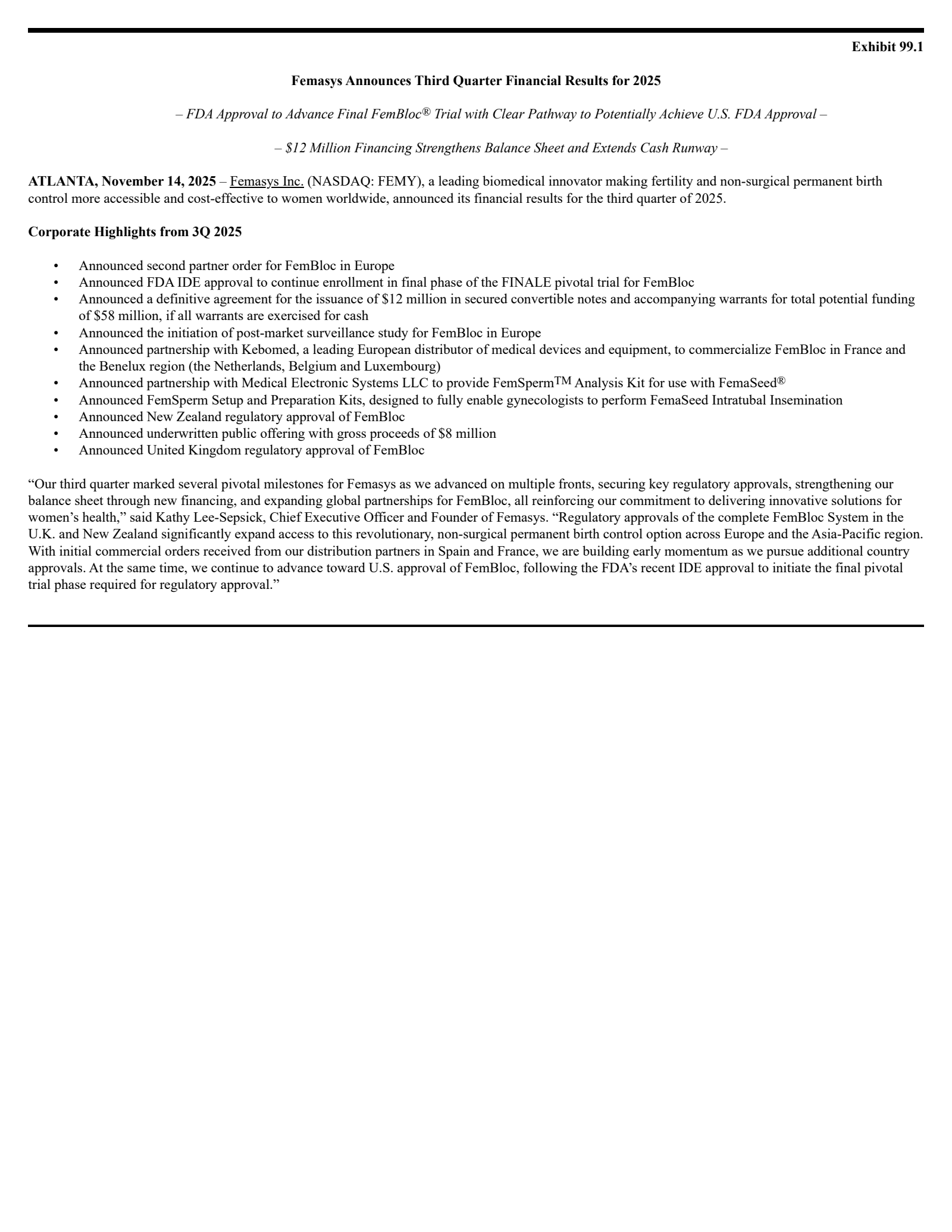 Femasys' Q3 2025 Press Release