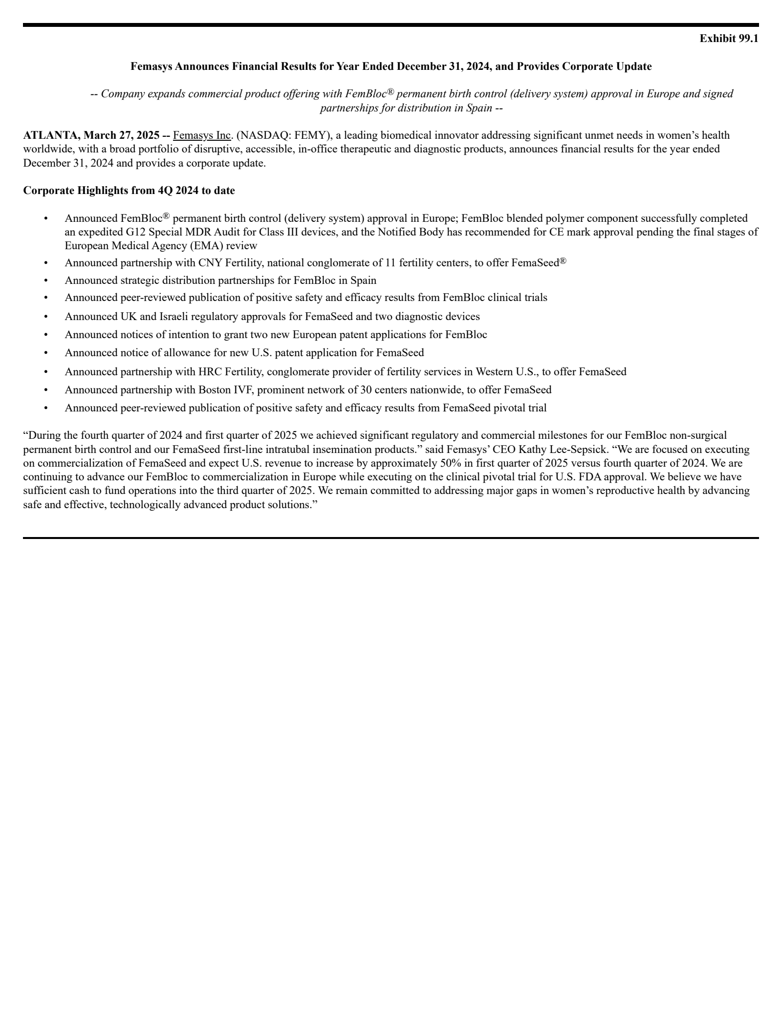 Femasys' Q4 2024 Press Release