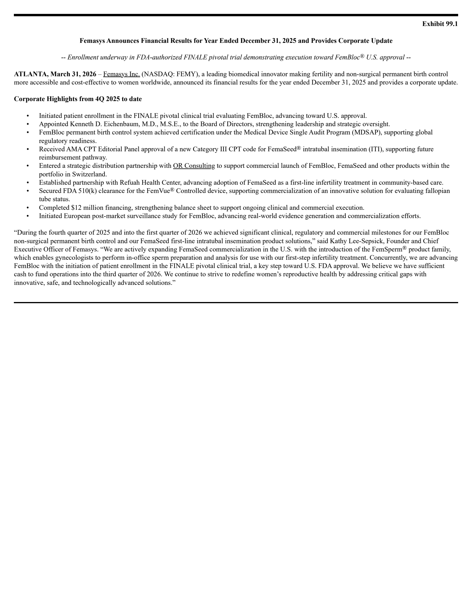 Femasys' Q4 2025 Press Release