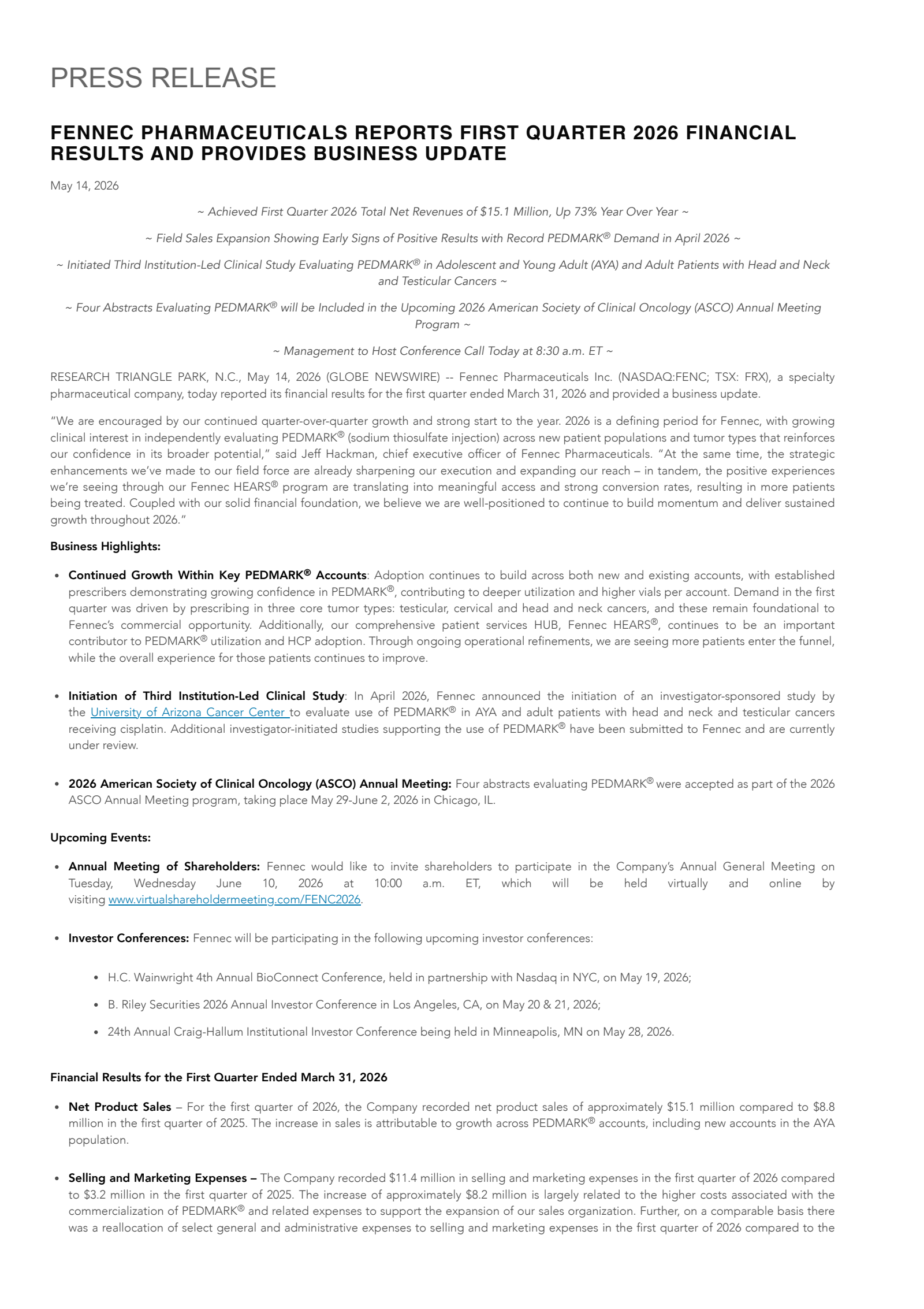 Adherex Technologies' Q1 2026 Press Release