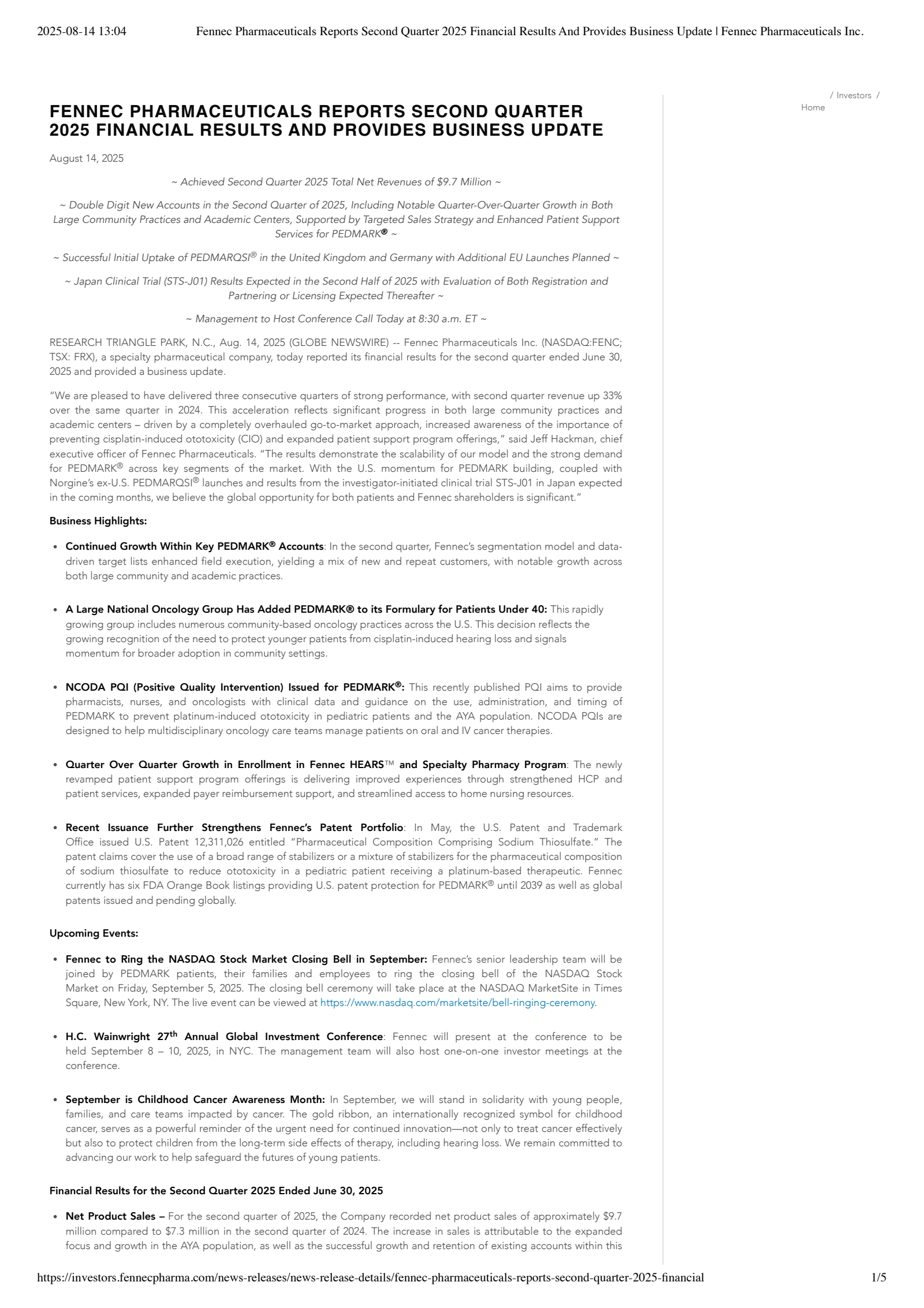 Adherex Technologies' Q2 2025 Press Release