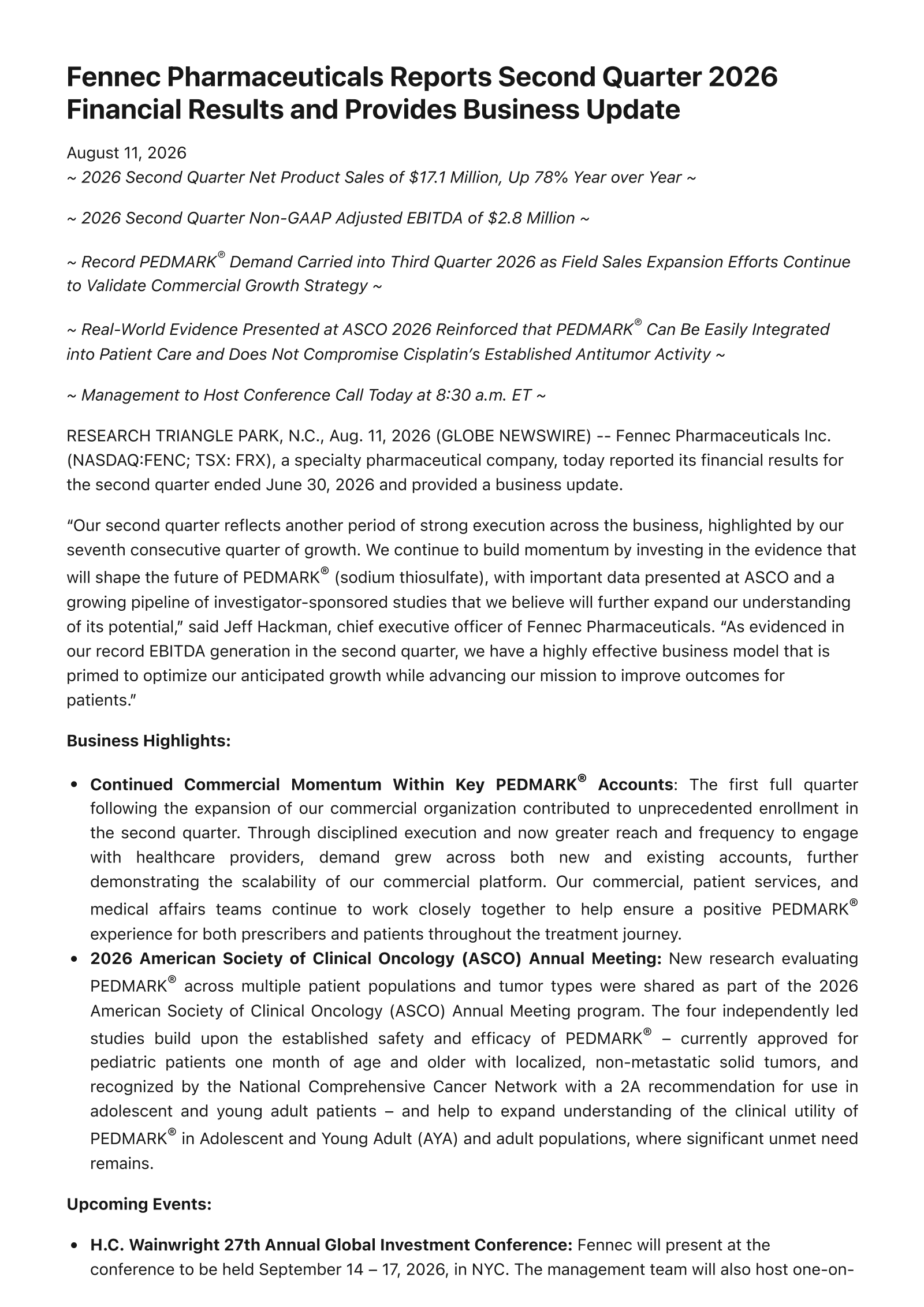 Adherex Technologies' Q2 2026 Press Release