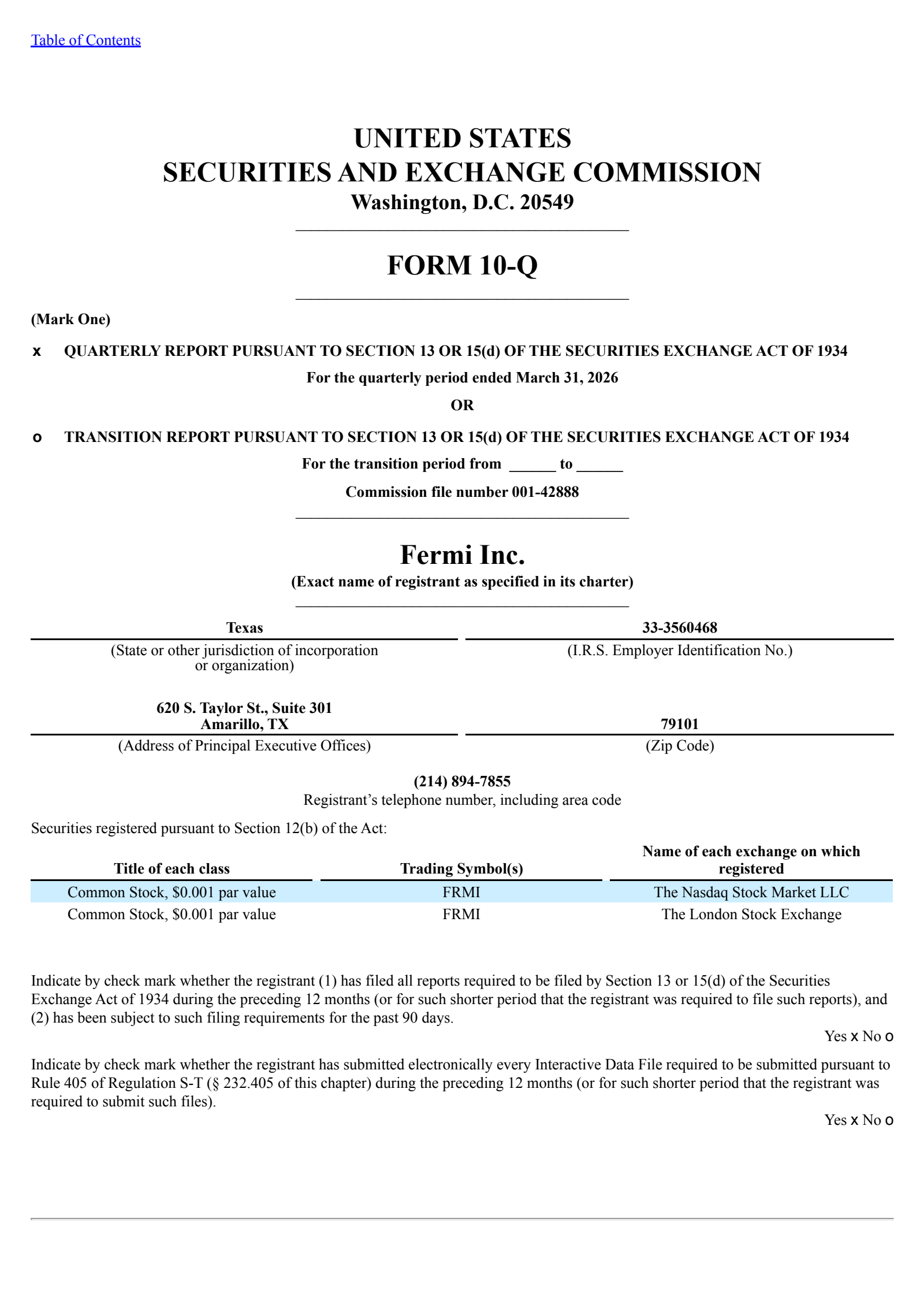 Fermi's Q1 2026 Quarterly report