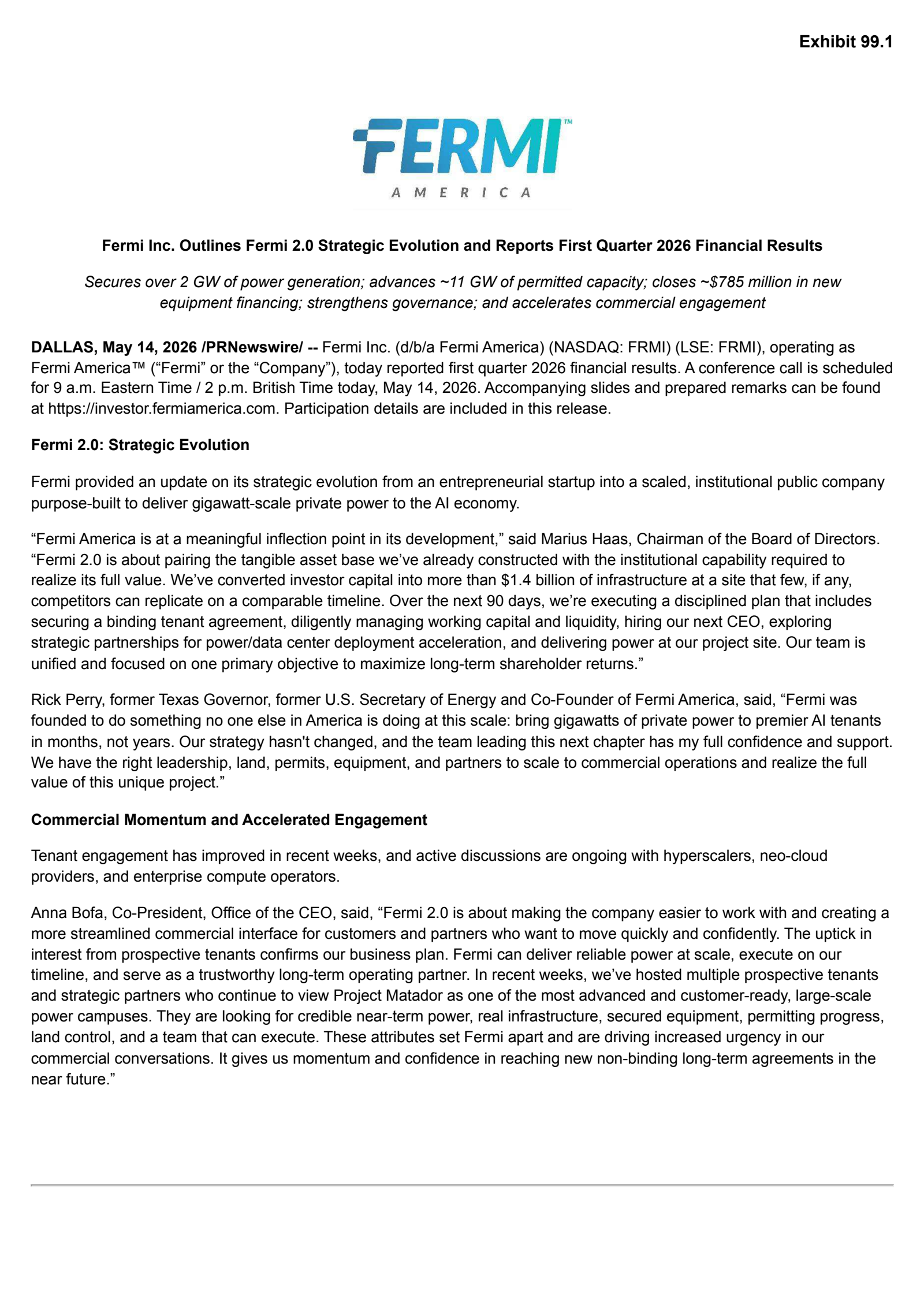 Fermi's Q1 2026 Press Release