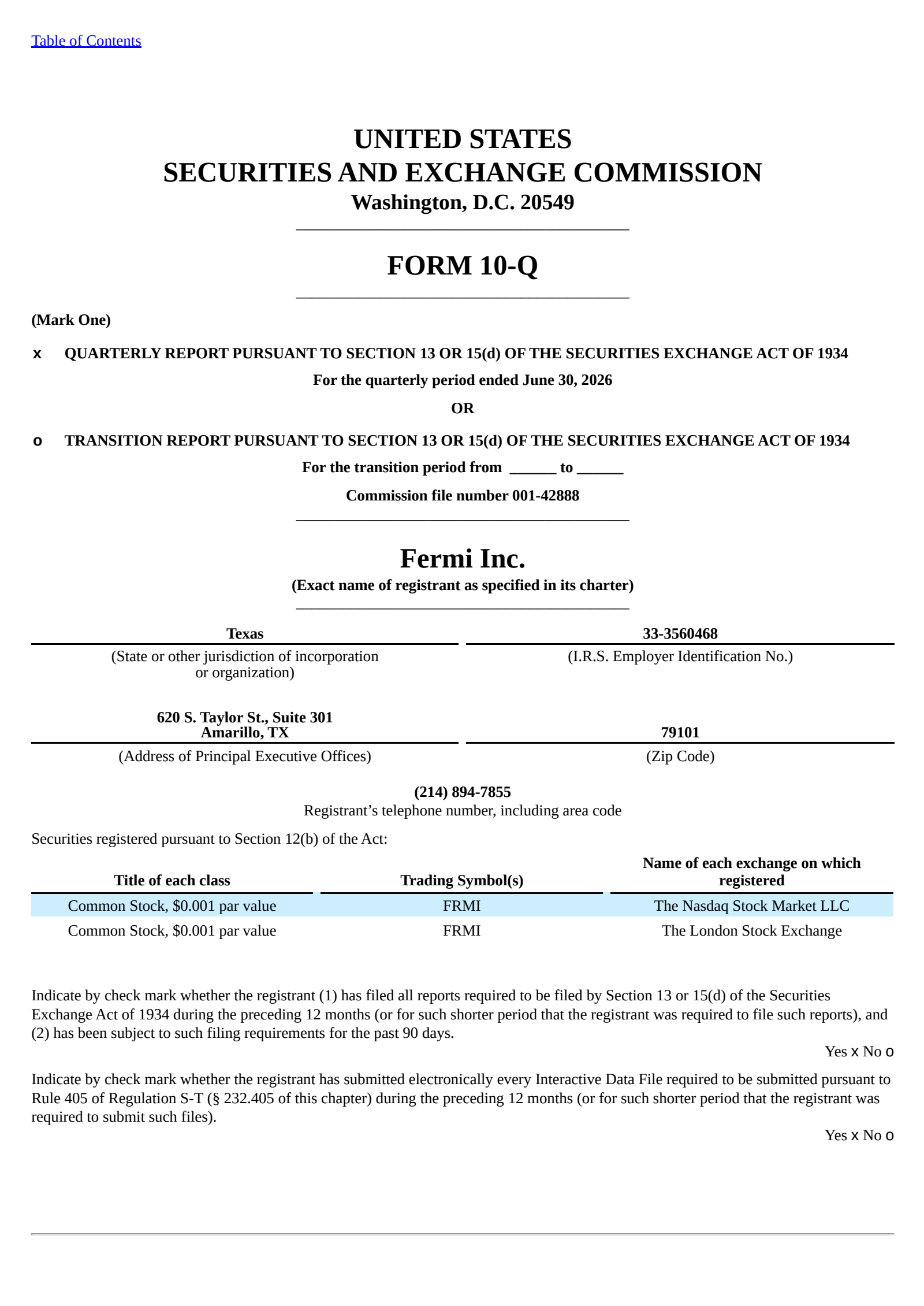 Fermi's Q2 2026 Quarterly report