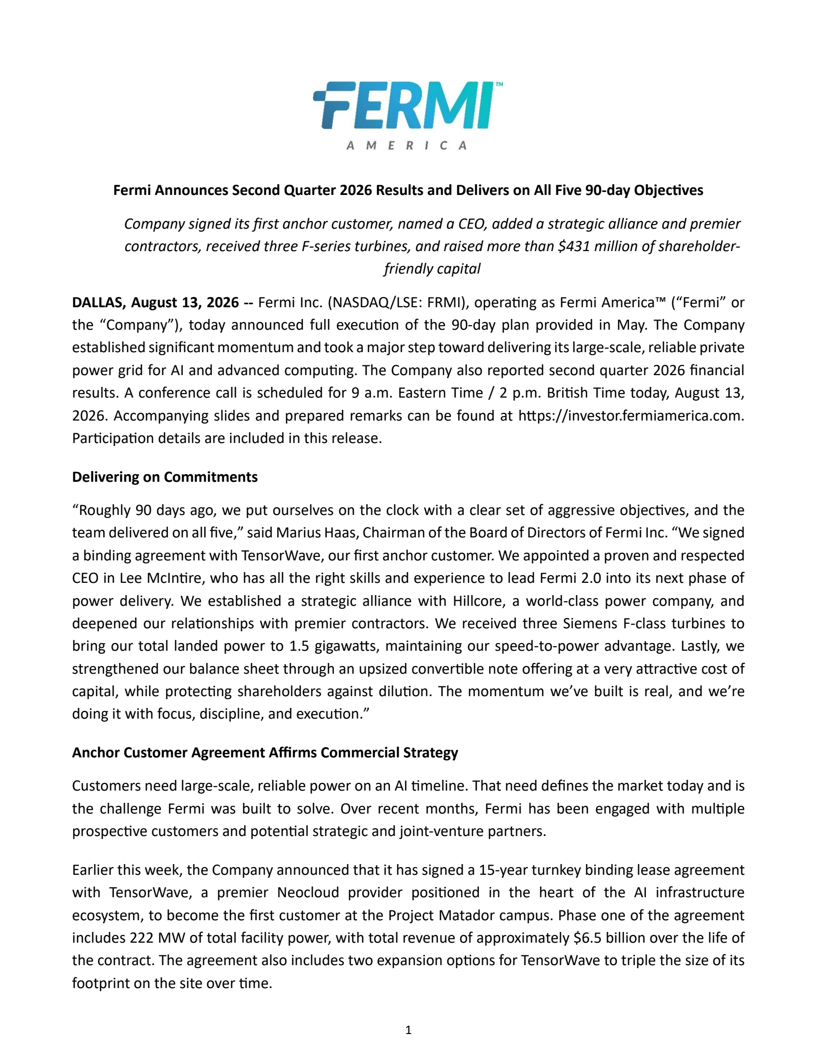 Fermi's Q2 2026 Press Release