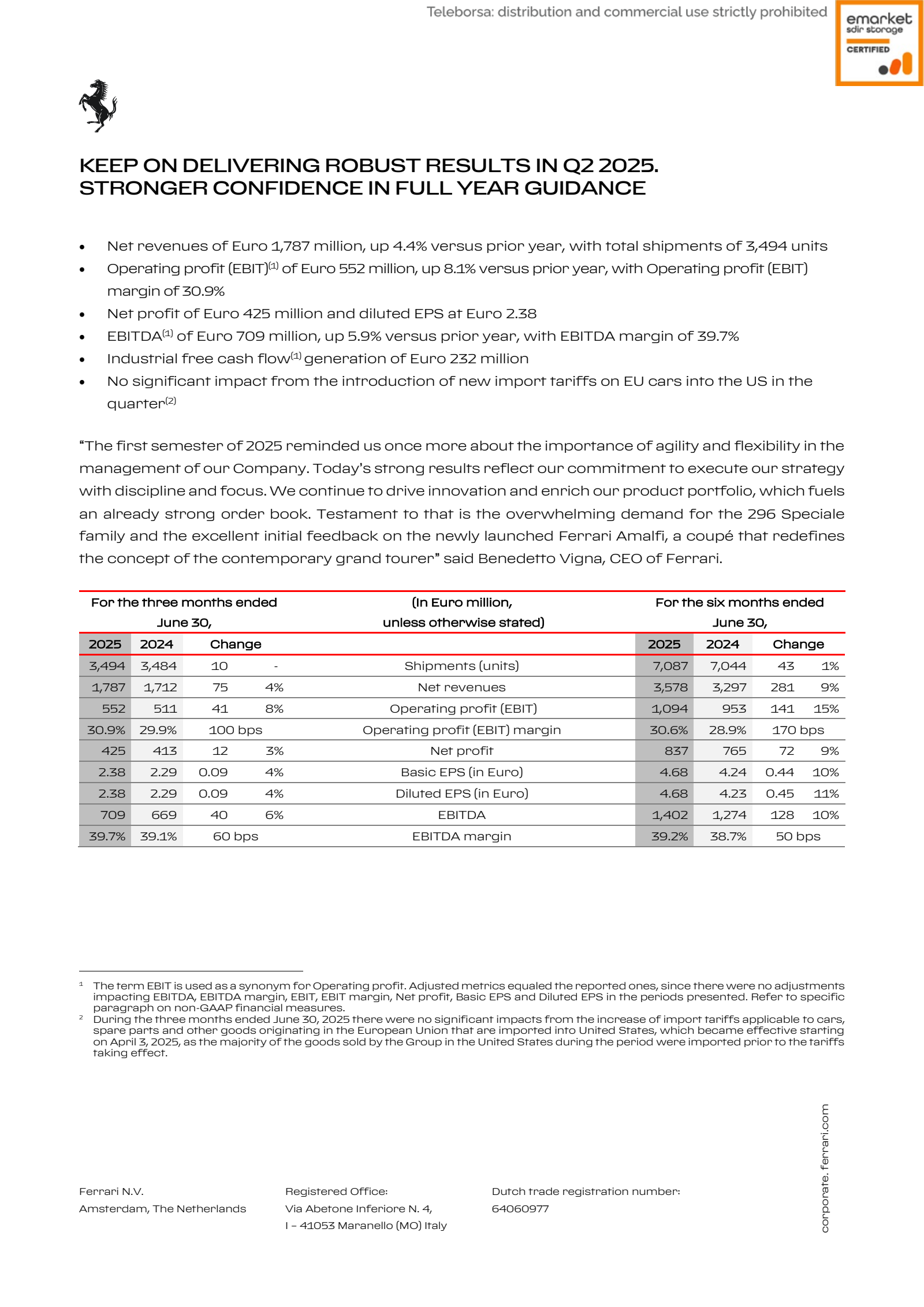 Ferrari's Q2 2025 Press Release