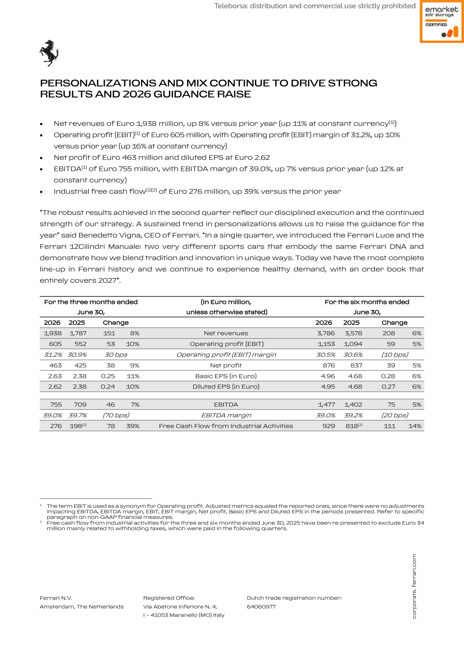 Ferrari's Q2 2026 Press Release
