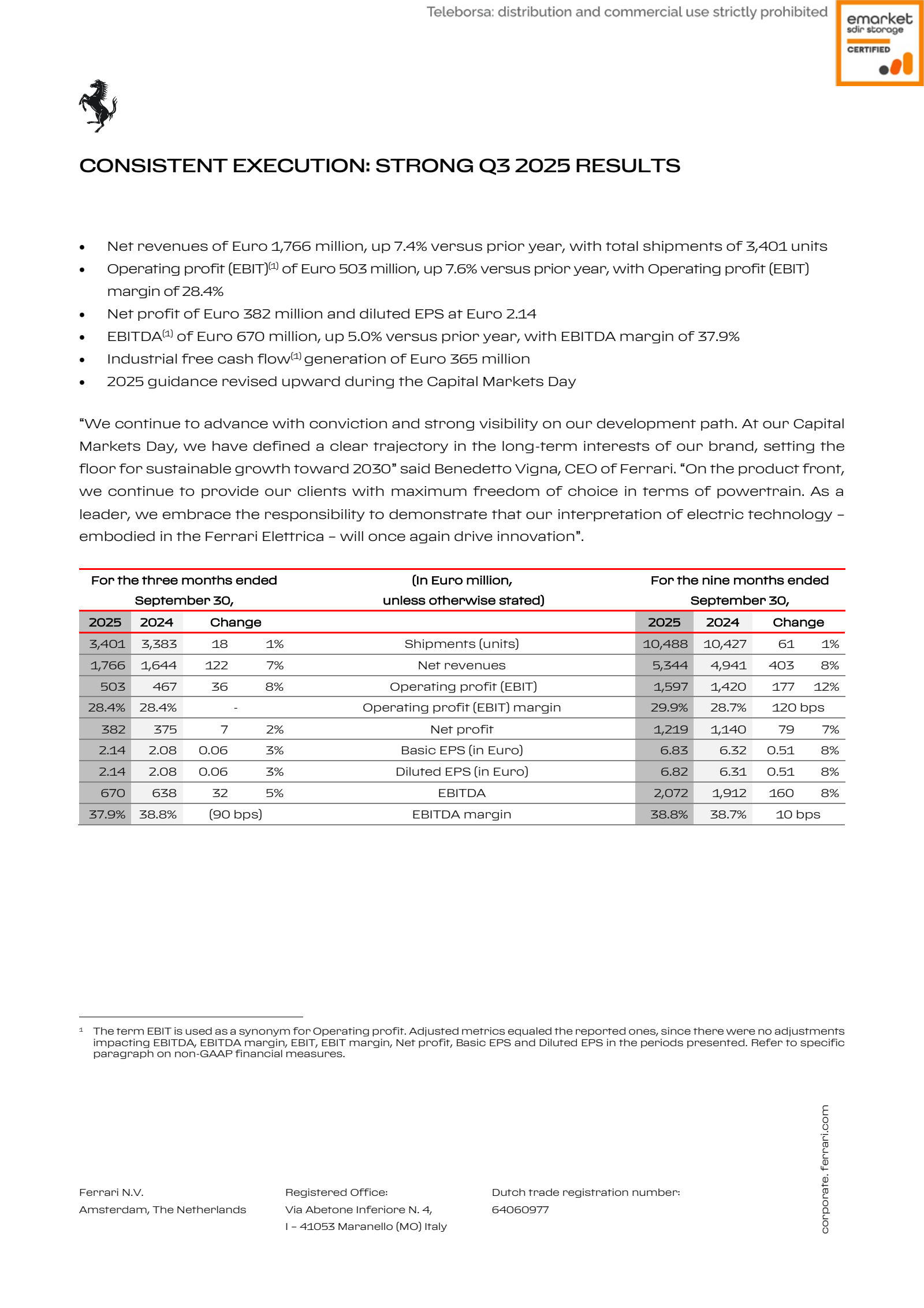 Ferrari's Q3 2025 Earnings Release