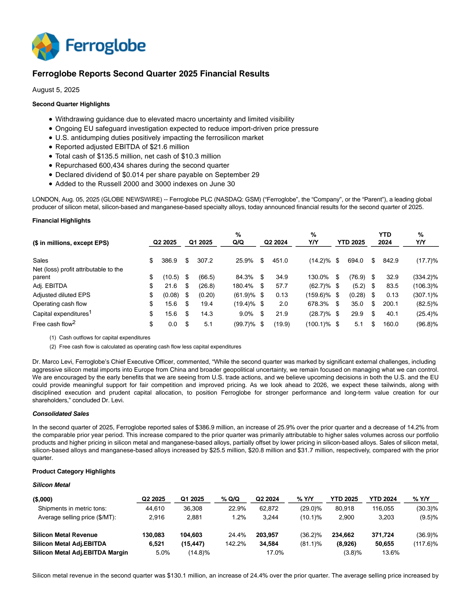 Ferroglobe's Q2 2025 Press Release