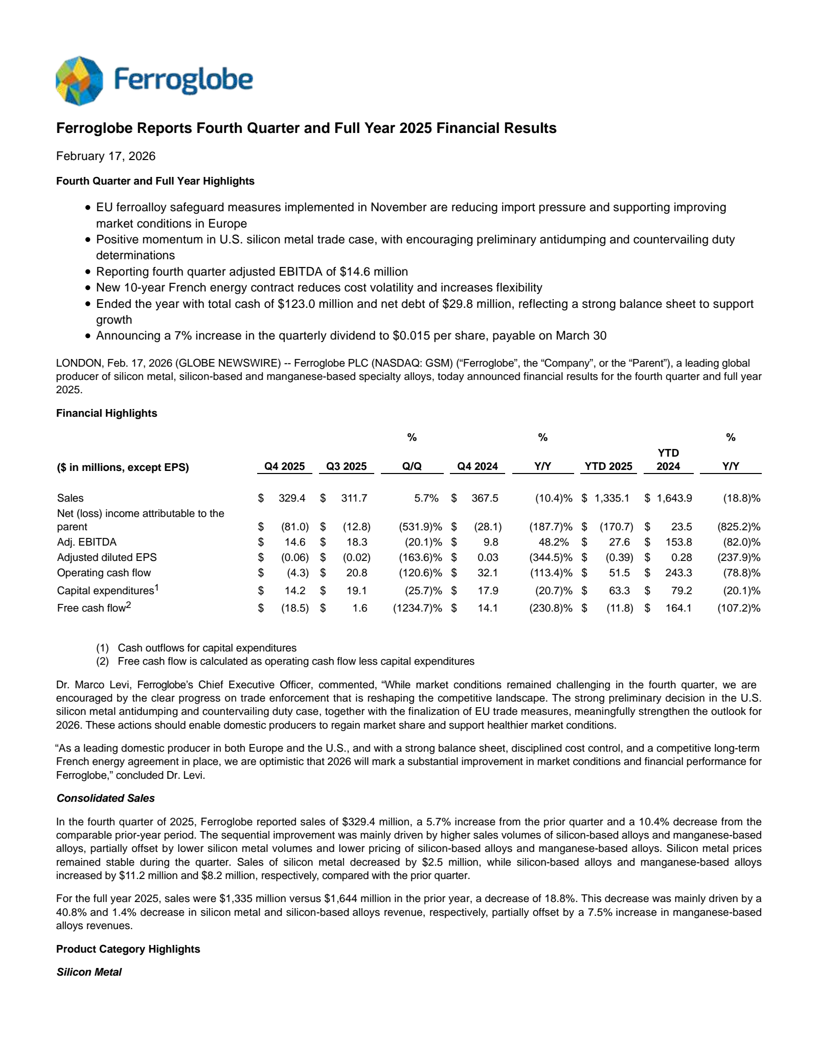 Ferroglobe's Q4 2025 Press Release