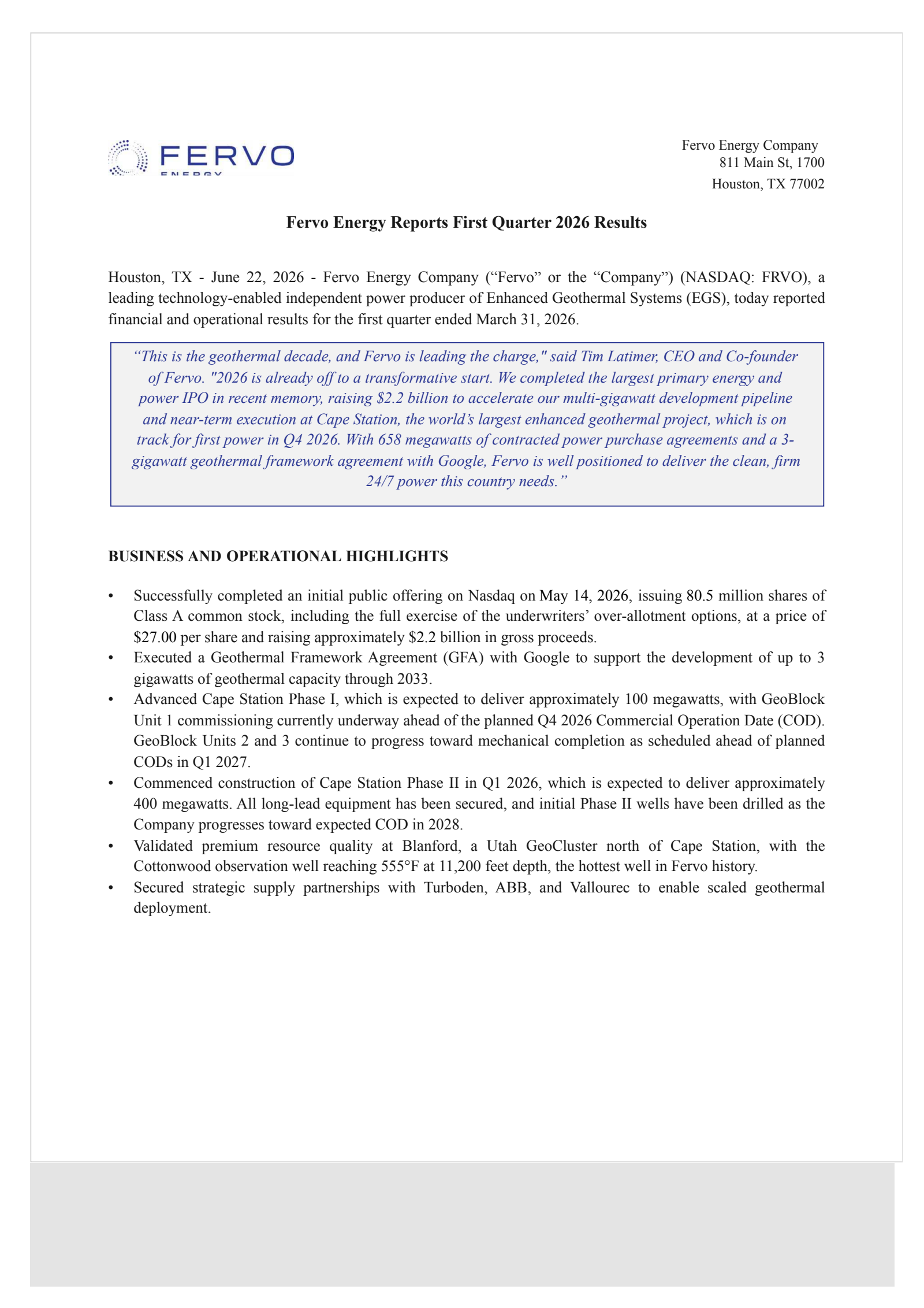 Fervo Energy's Q1 2026 Press Release