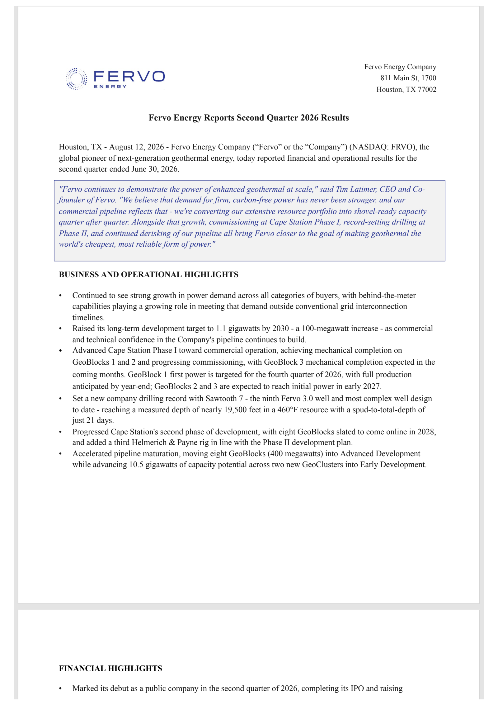 Fervo Energy's Q2 2026 Press Release