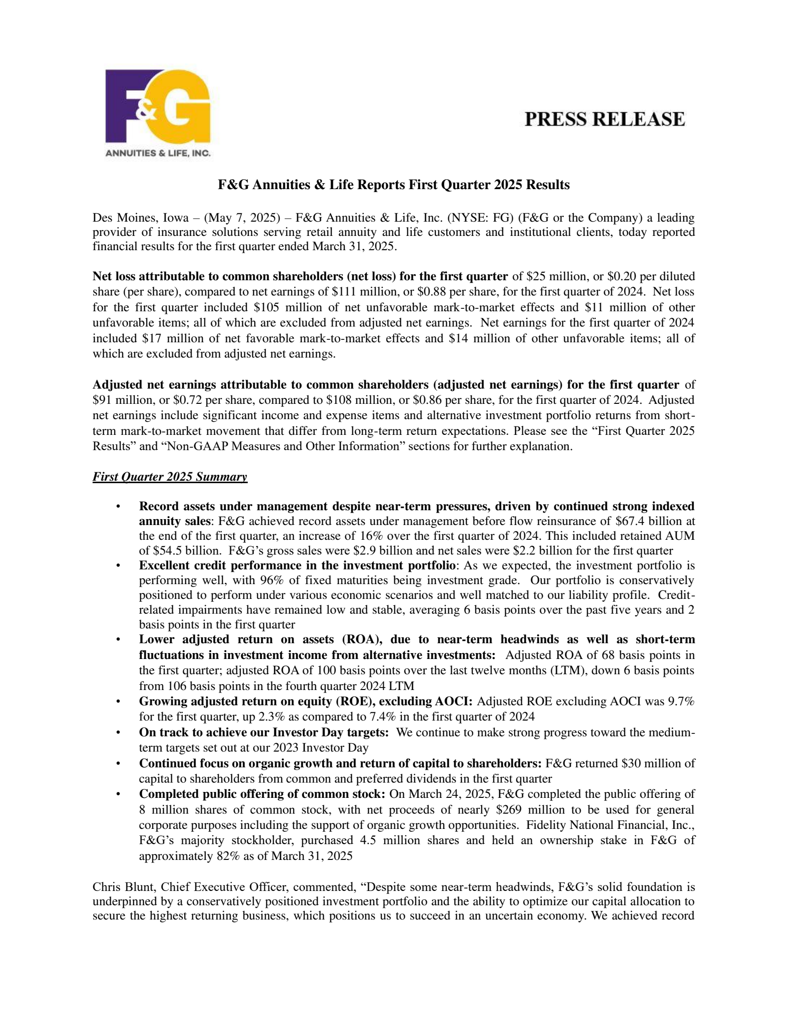 F&G Annuities & Life's Q1 2025 Earnings Release