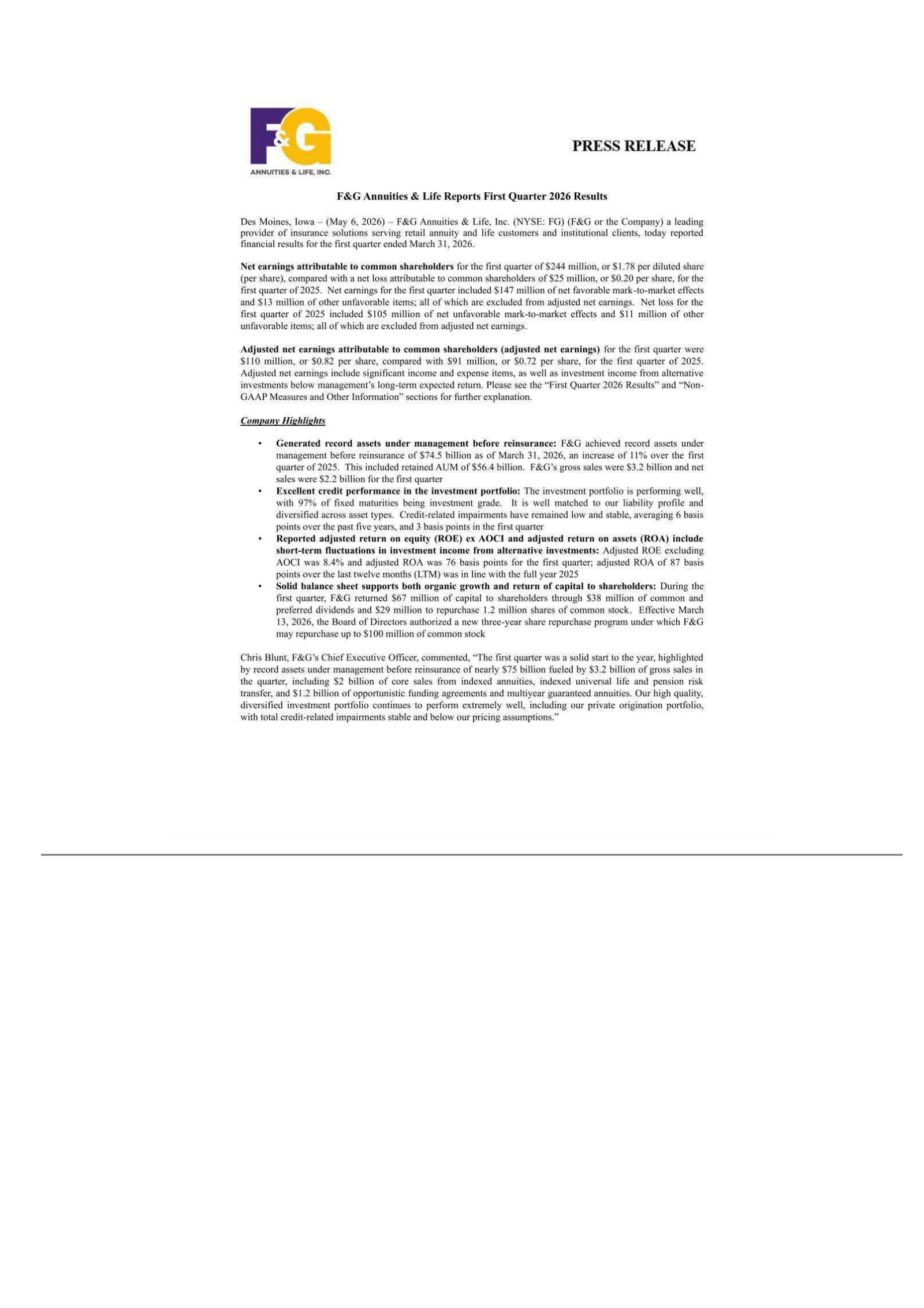 F&G Annuities & Life's Q1 2026 Press Release