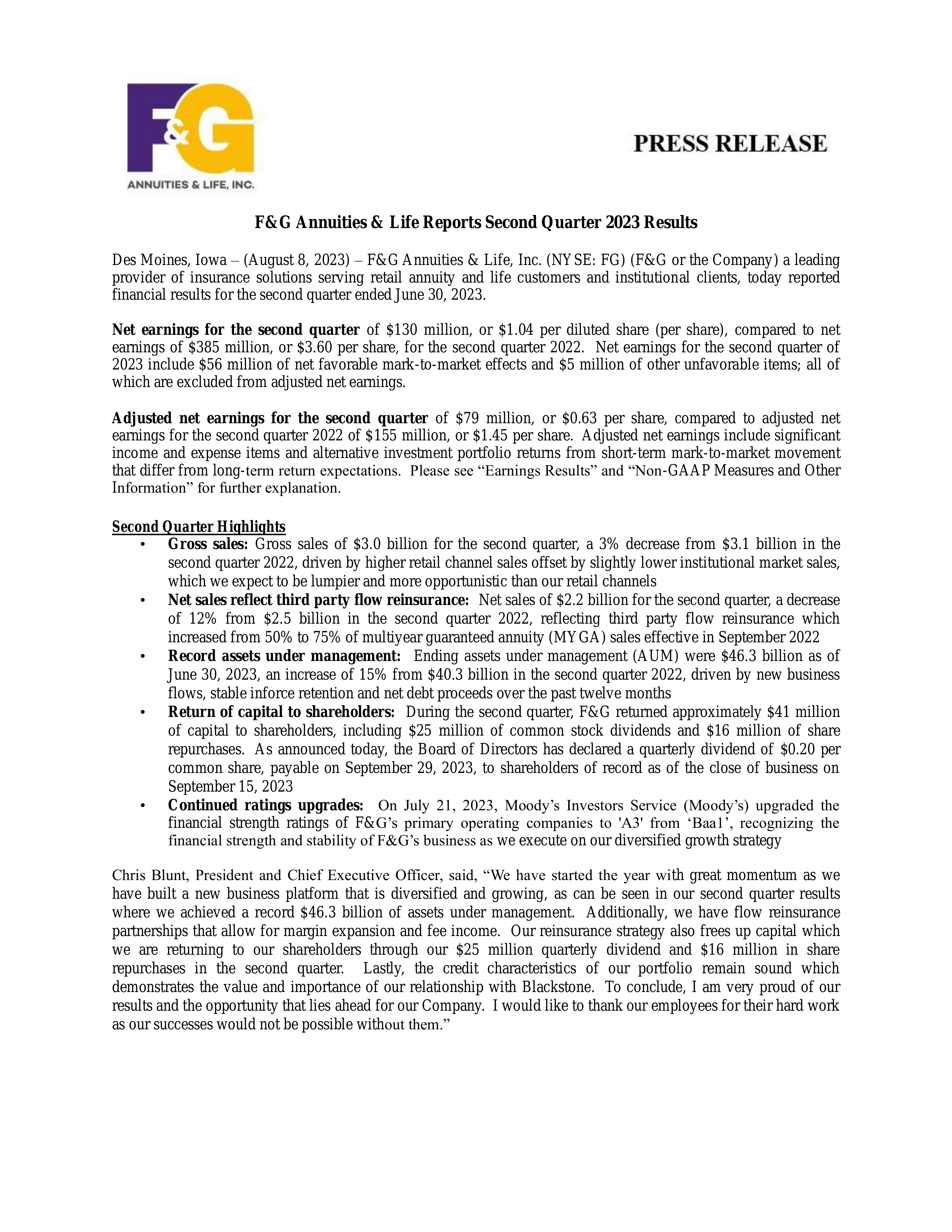 F&G Annuities & Life's Q2 2023 Press Release