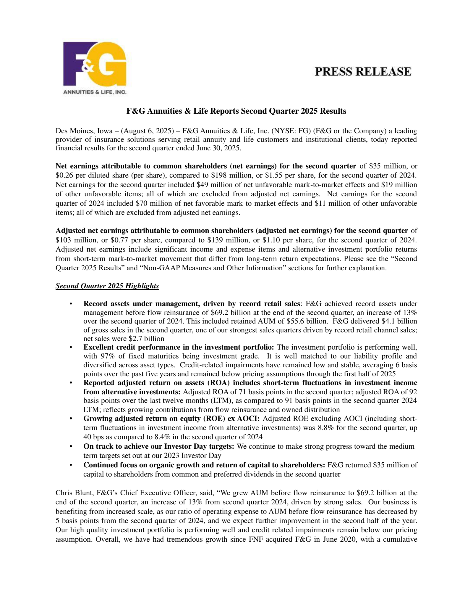 F&G Annuities & Life's Q2 2025 Earnings Release