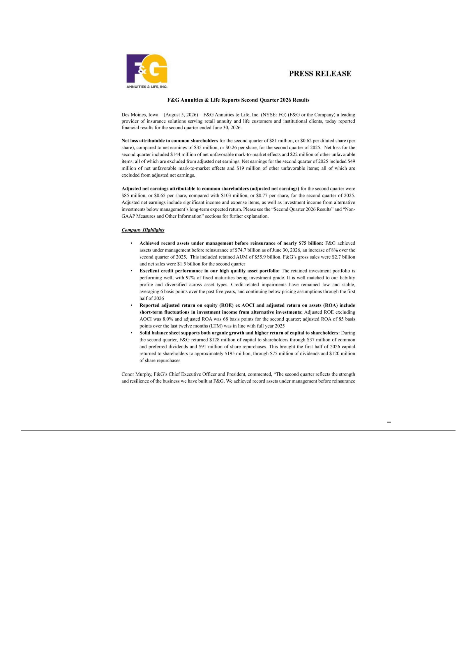 F&G Annuities & Life's Q2 2026 Press Release