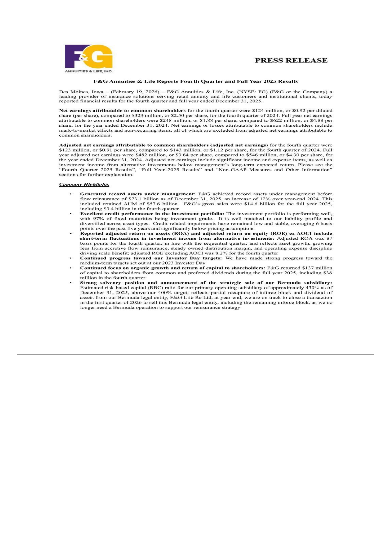F&G Annuities & Life's Q4 2025 Press Release