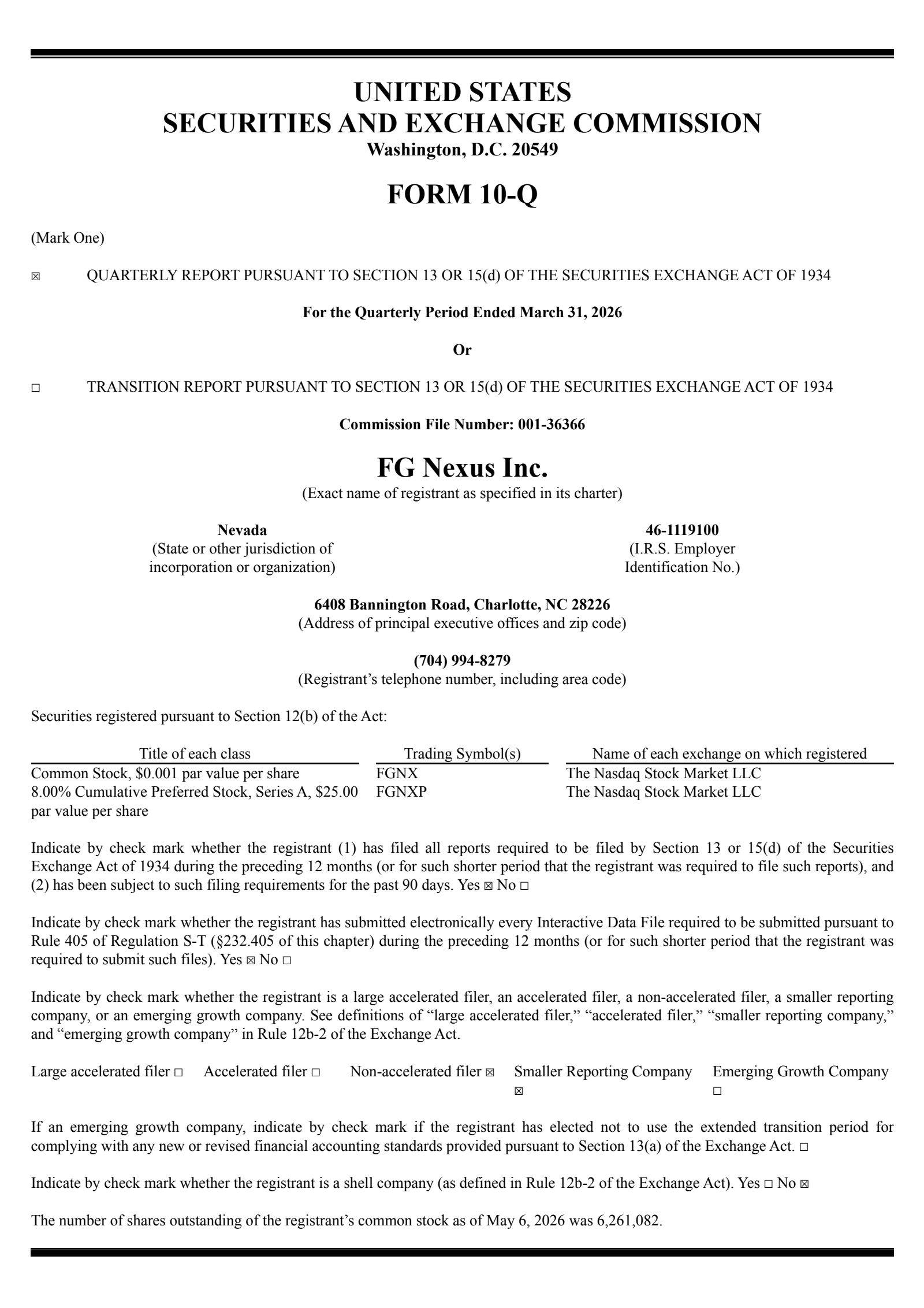 FG Nexus' Q1 2026 Quarterly report