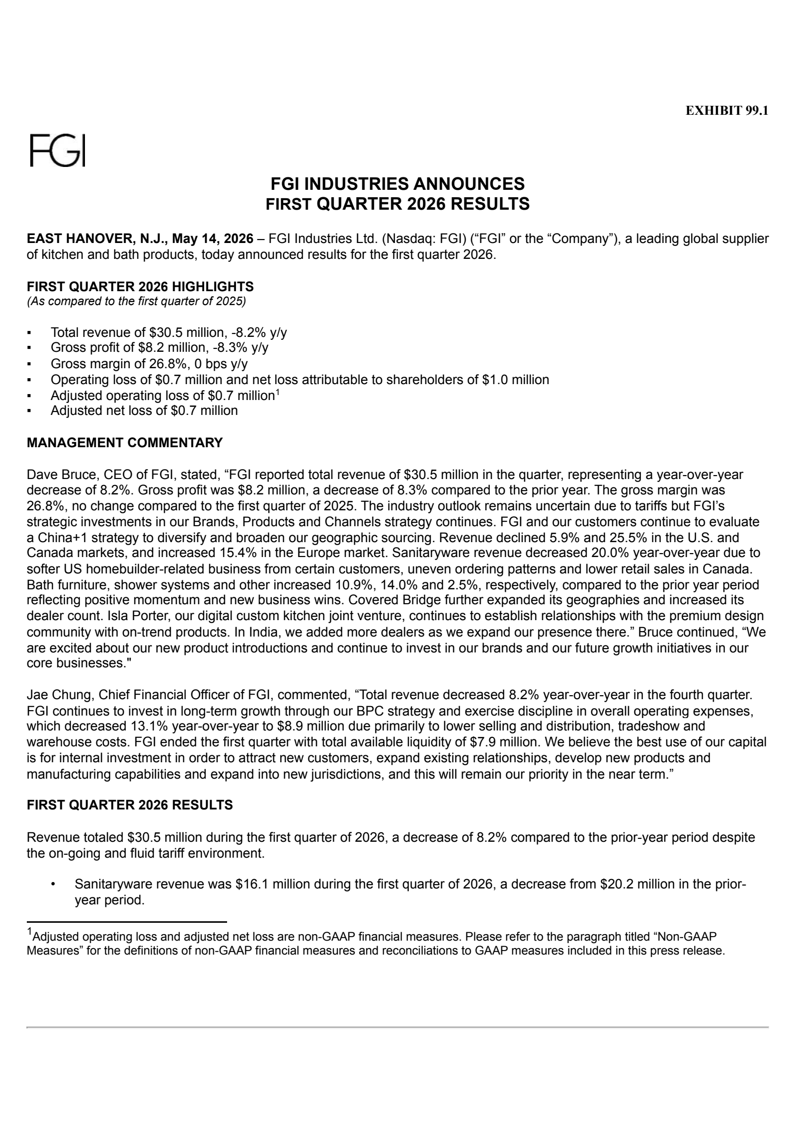 FGI Industries' Q1 2026 Press Release