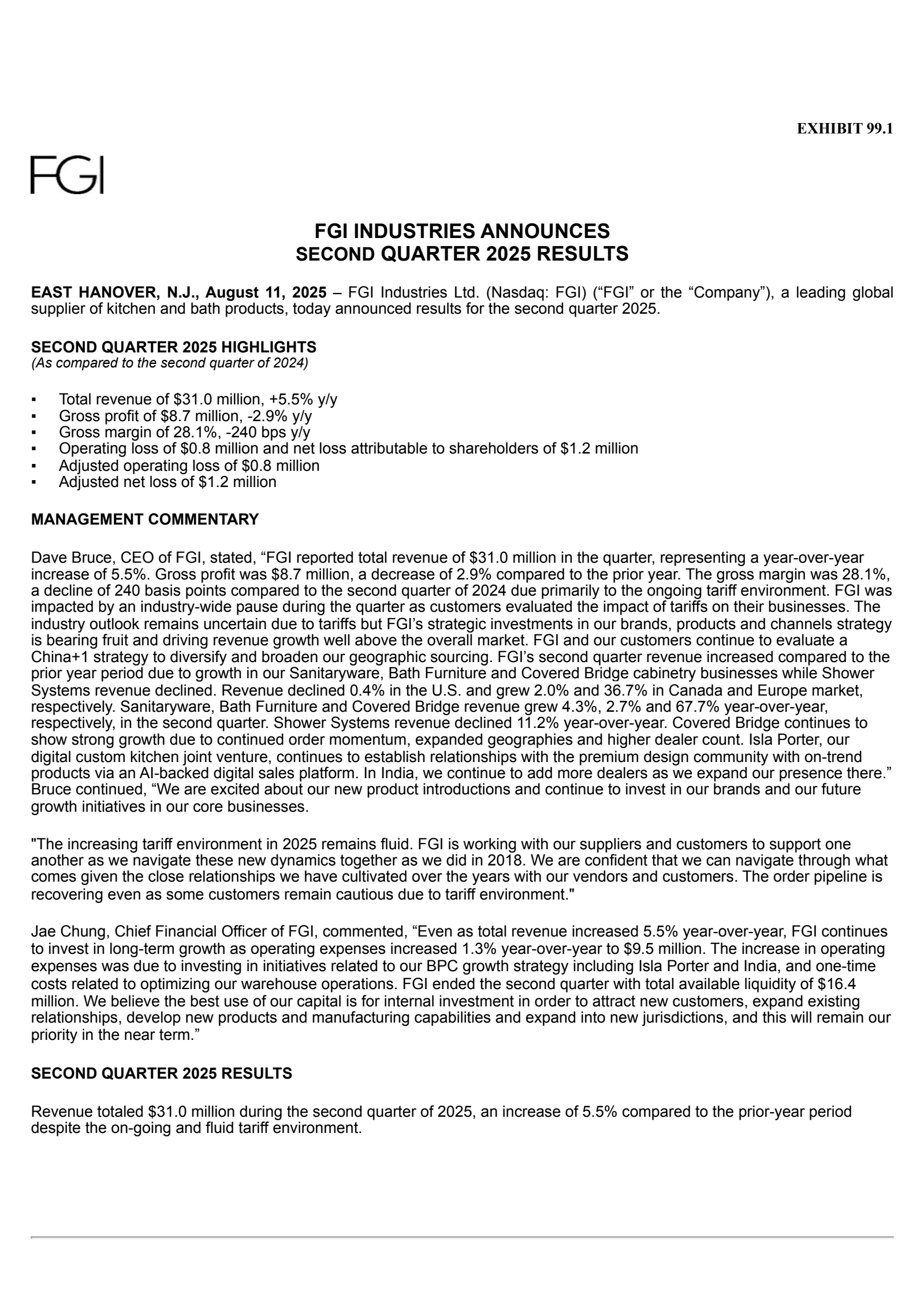 FGI Industries' Q2 2025 Press Release
