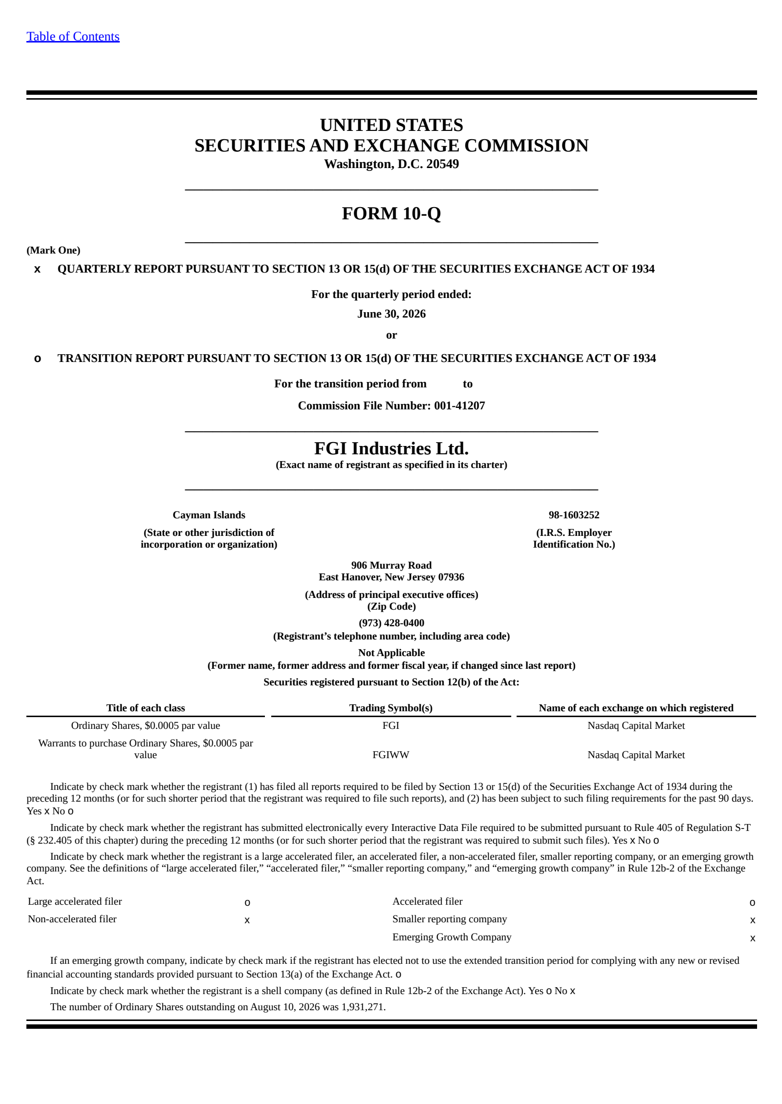 FGI Industries' Q2 2026 Quarterly report