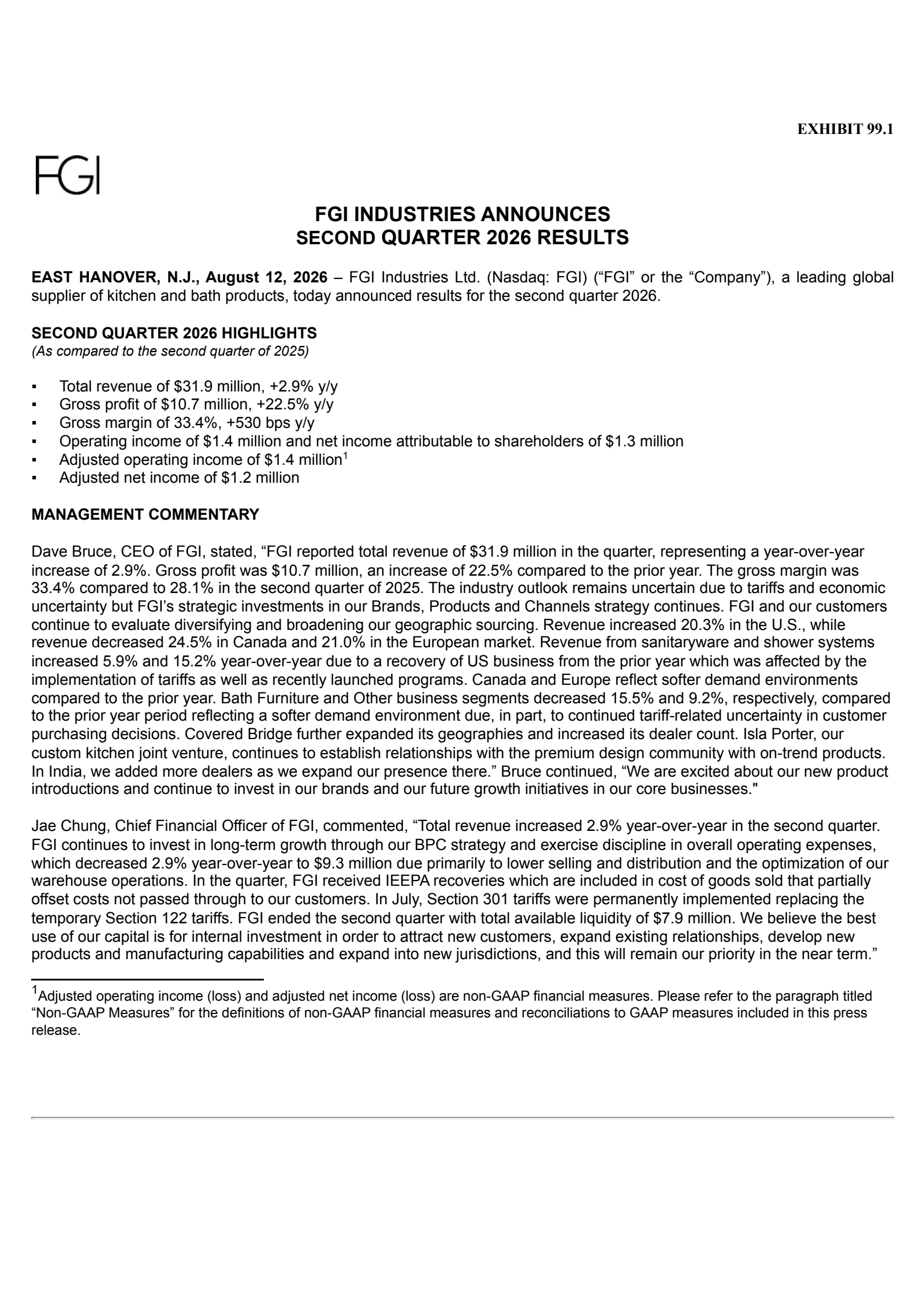 FGI Industries' Q2 2026 Press Release