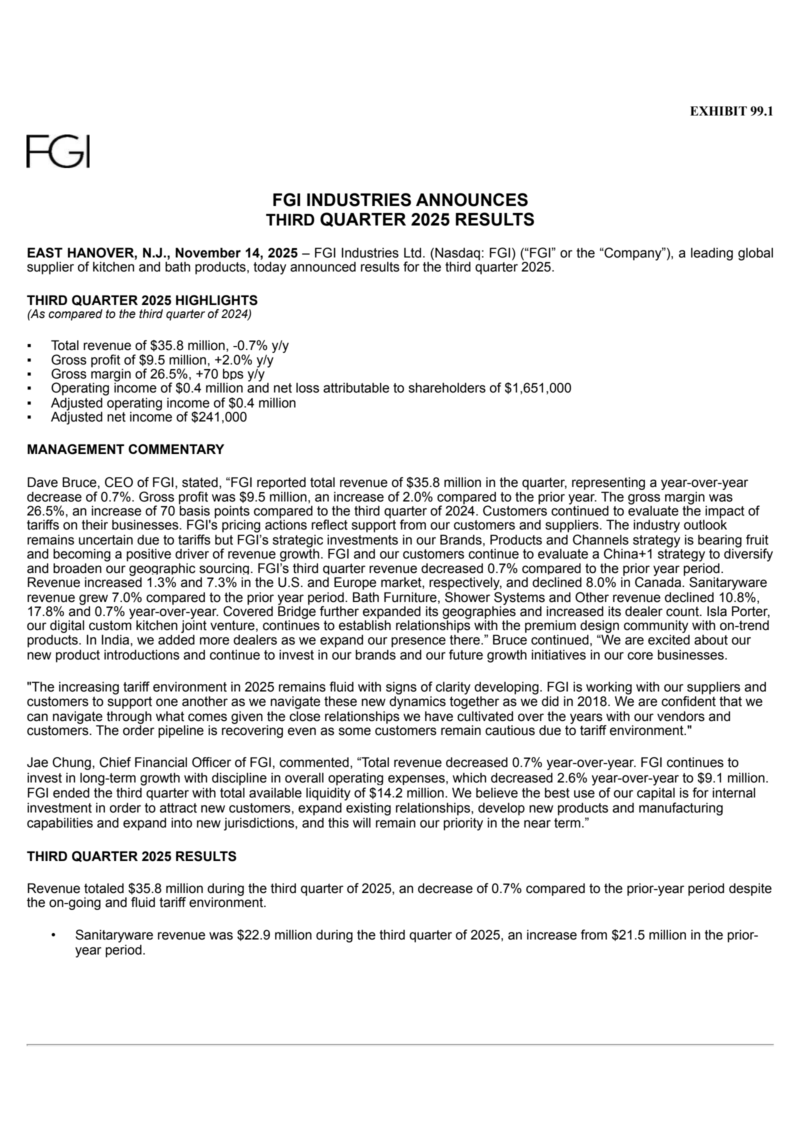 FGI Industries' Q3 2025 Earnings Release