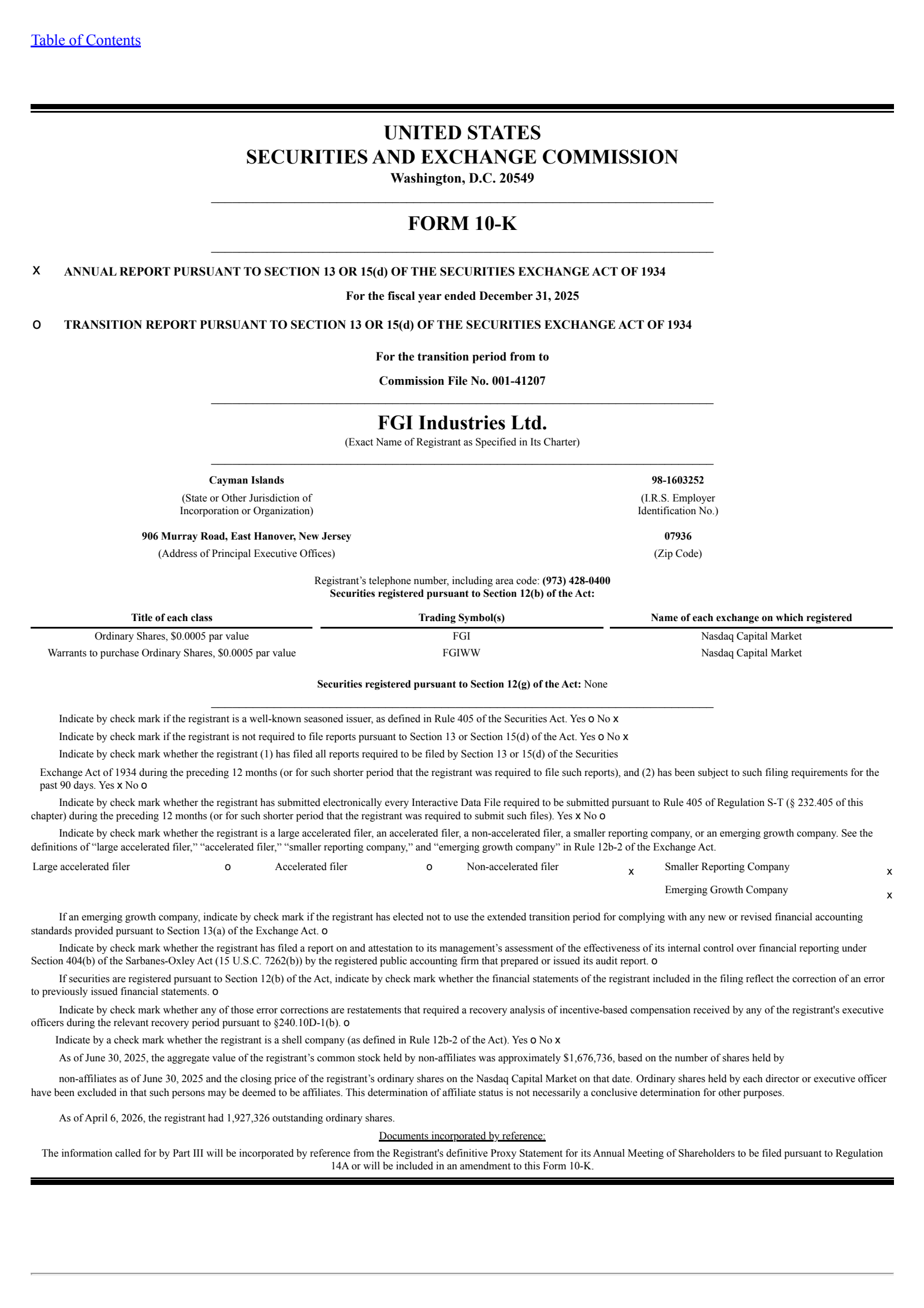 FGI Industries' Q4 2025 Annual report