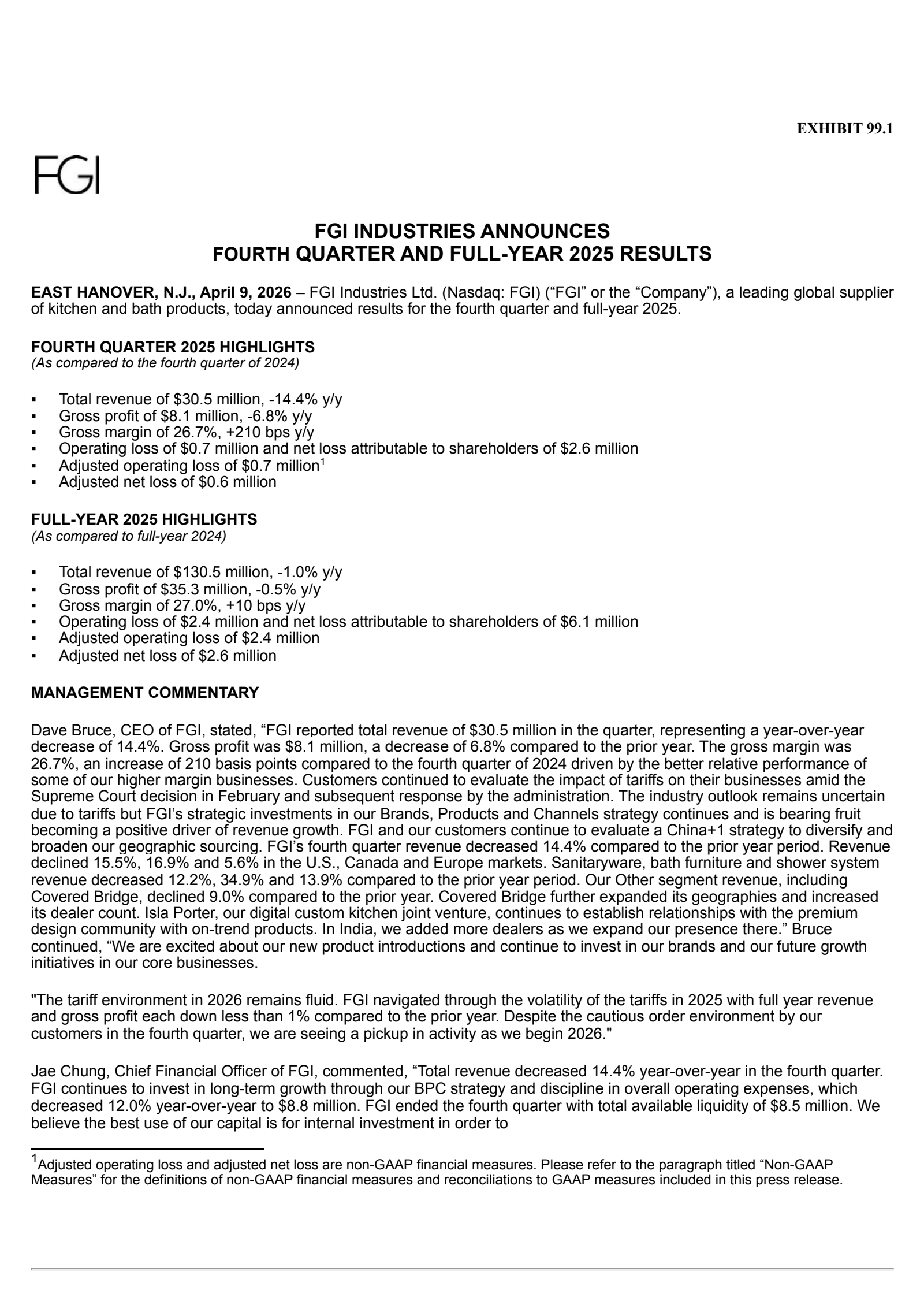 FGI Industries' Q4 2025 Press Release