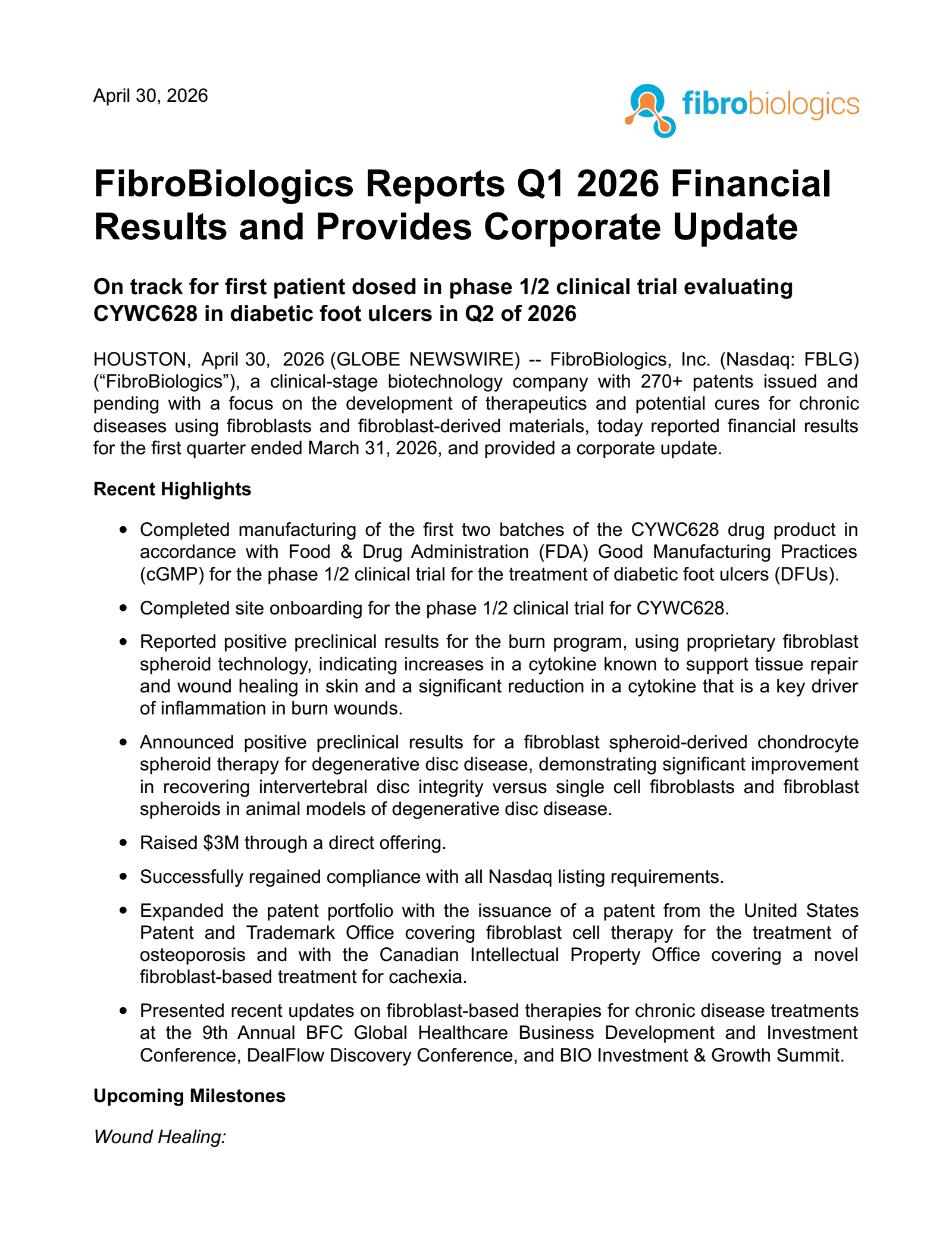 FibroBiologics' Q1 2026 Press Release