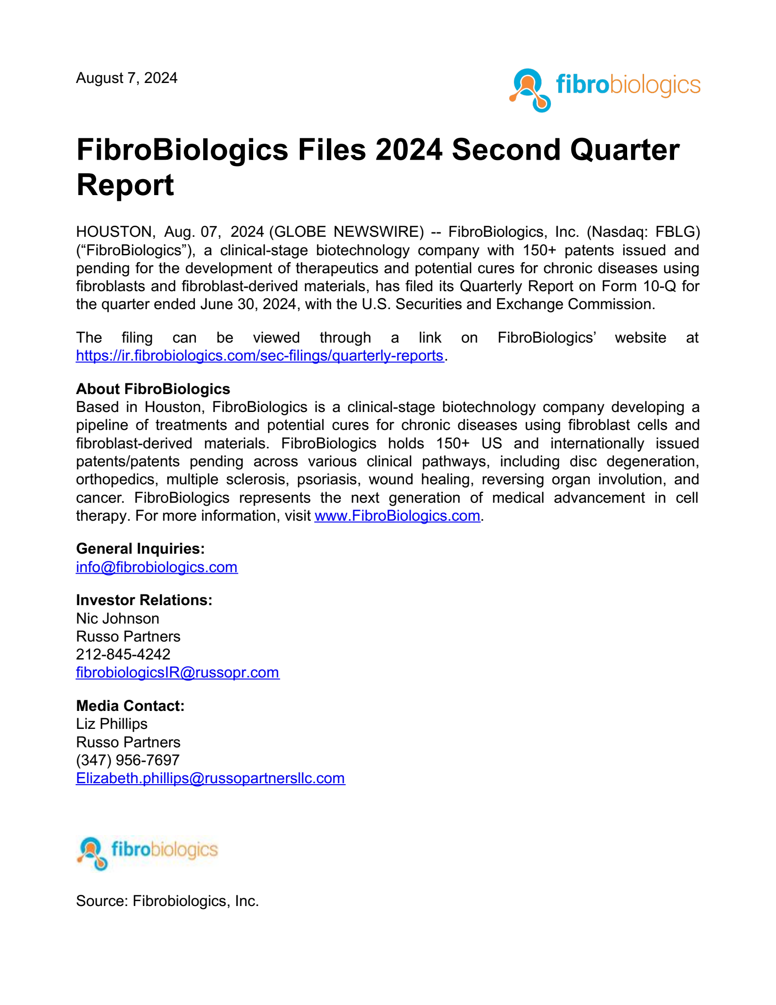 FibroBiologics' Q2 2024 Press Release
