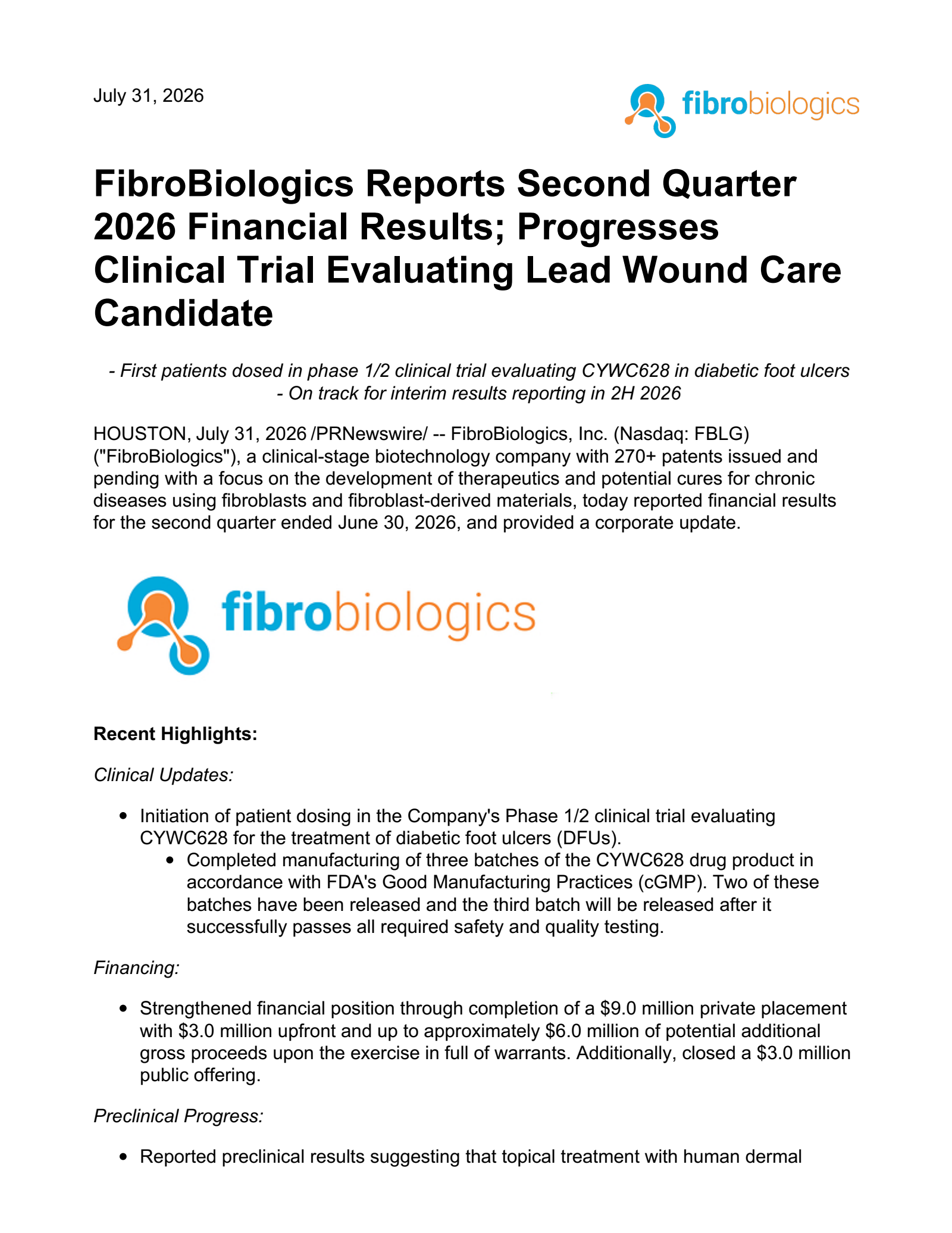 FibroBiologics' Q2 2026 Press Release