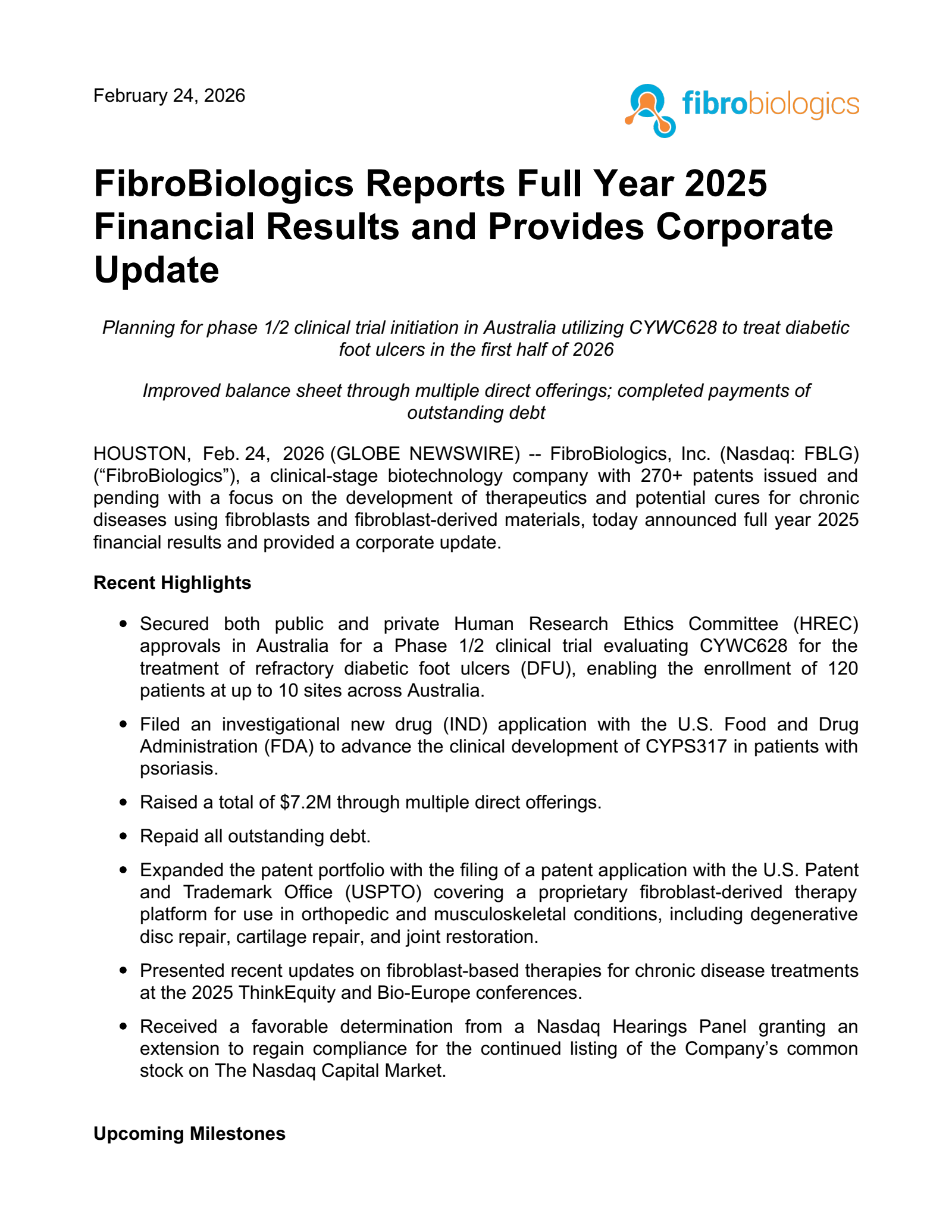 FibroBiologics' Q4 2025 Press Release