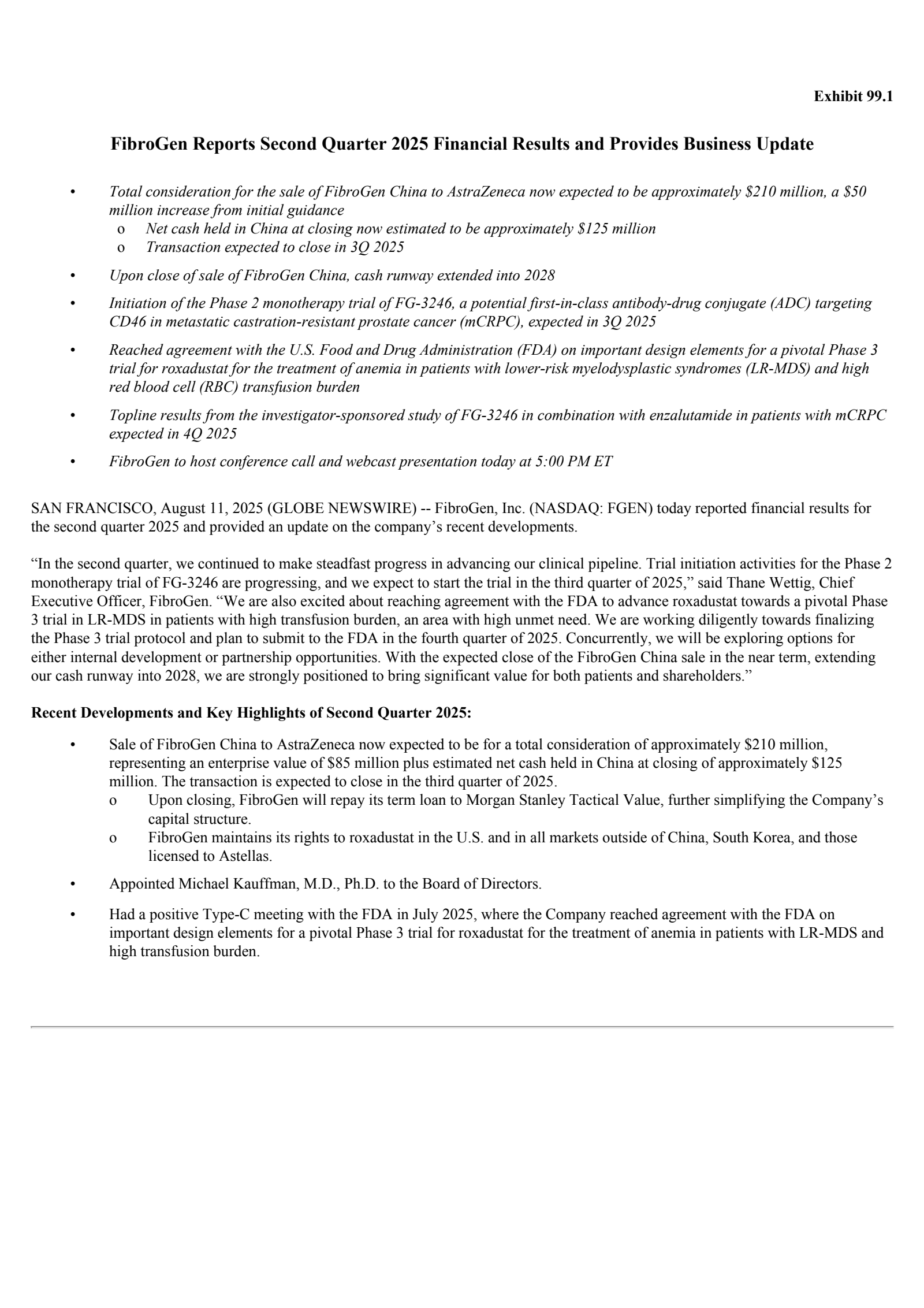 FibroGen's Q2 2025 Press Release