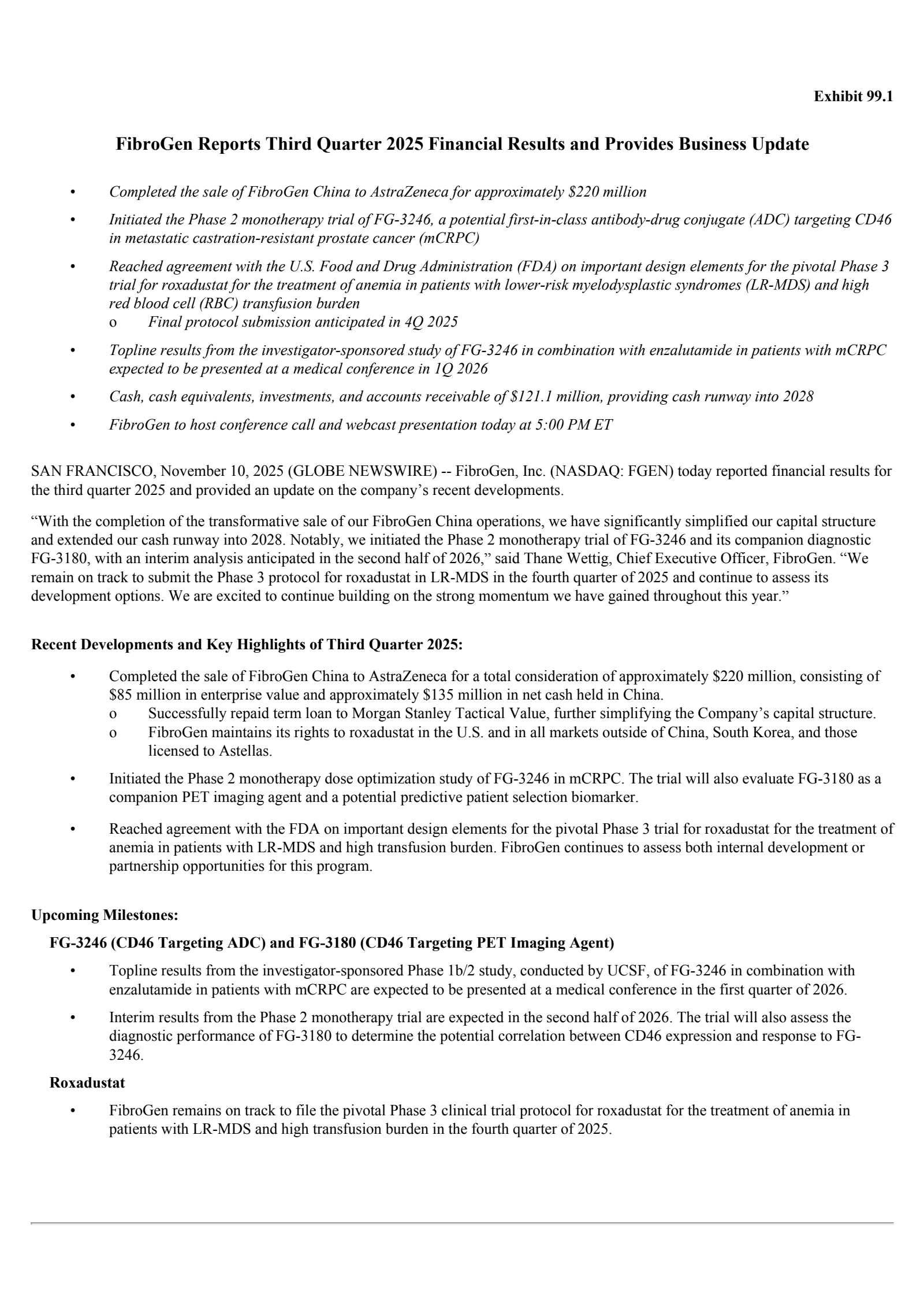 FibroGen's Q3 2025 Earnings Release