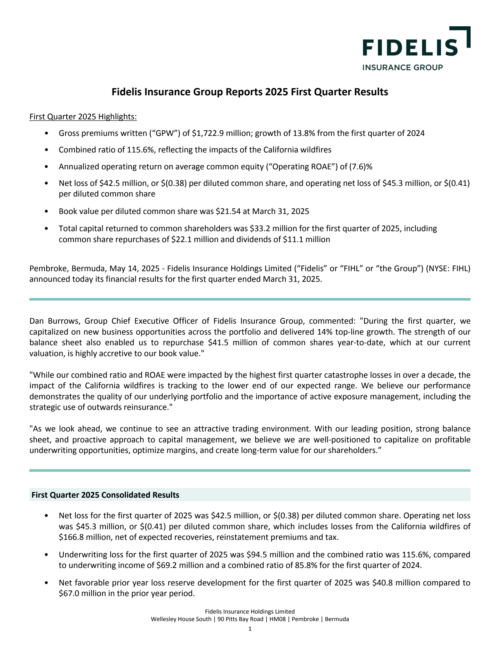 Fidelis Insurance's Q1 2025 Press Release