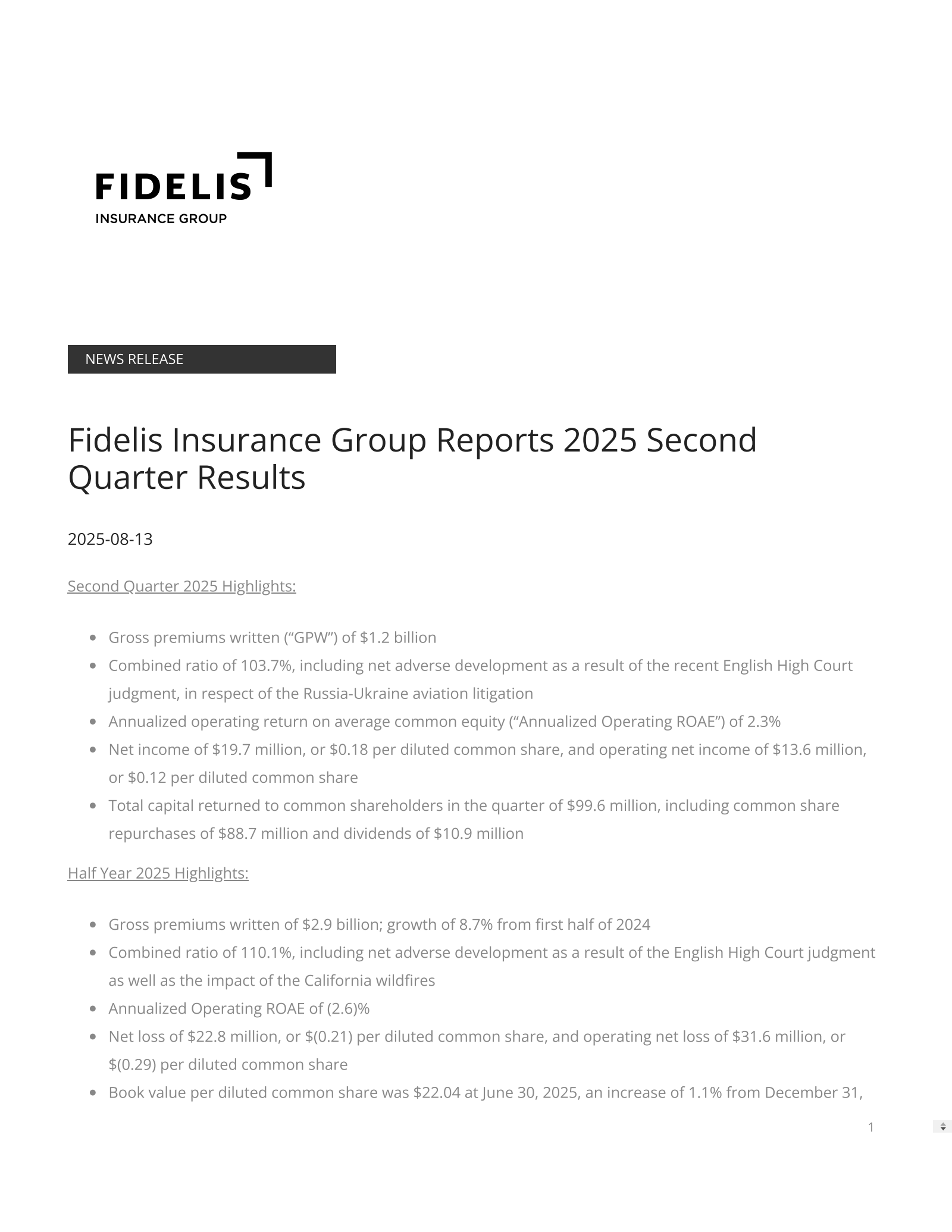 Fidelis Insurance's Q2 2025 Press Release