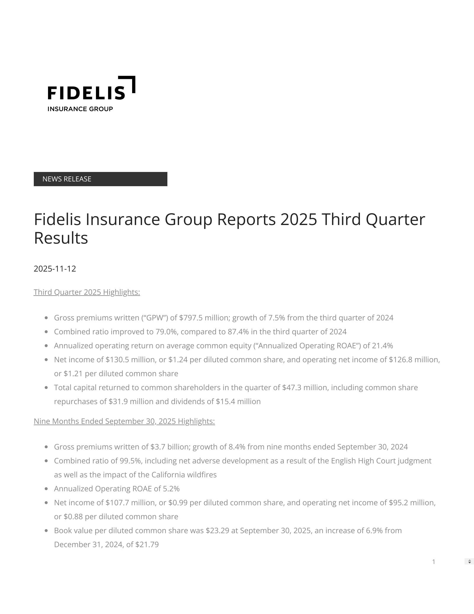 Fidelis Insurance's Q3 2025 Earnings Release